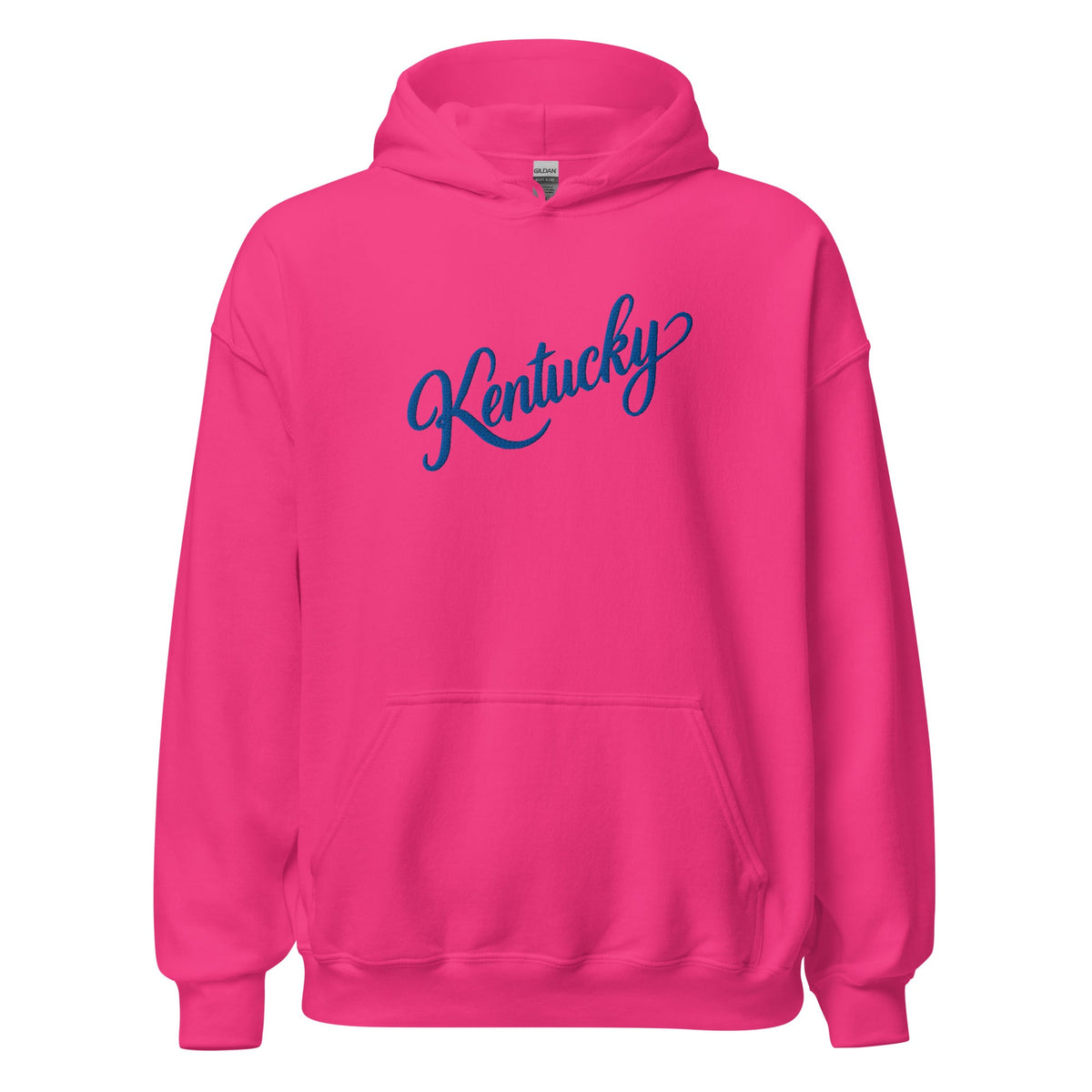 Bluegrass Elite Apparel LLC hot pink pullover hoodie with blue Kentucky script lettering on the chest.