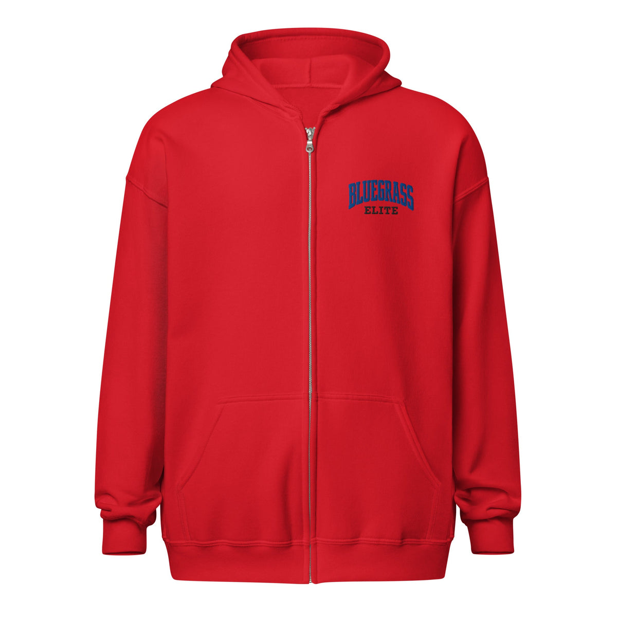Bluegrass Elite Apparel LLC red zip-up hoodie with blue arched logo on the chest, made from soft heavy blend fleece.