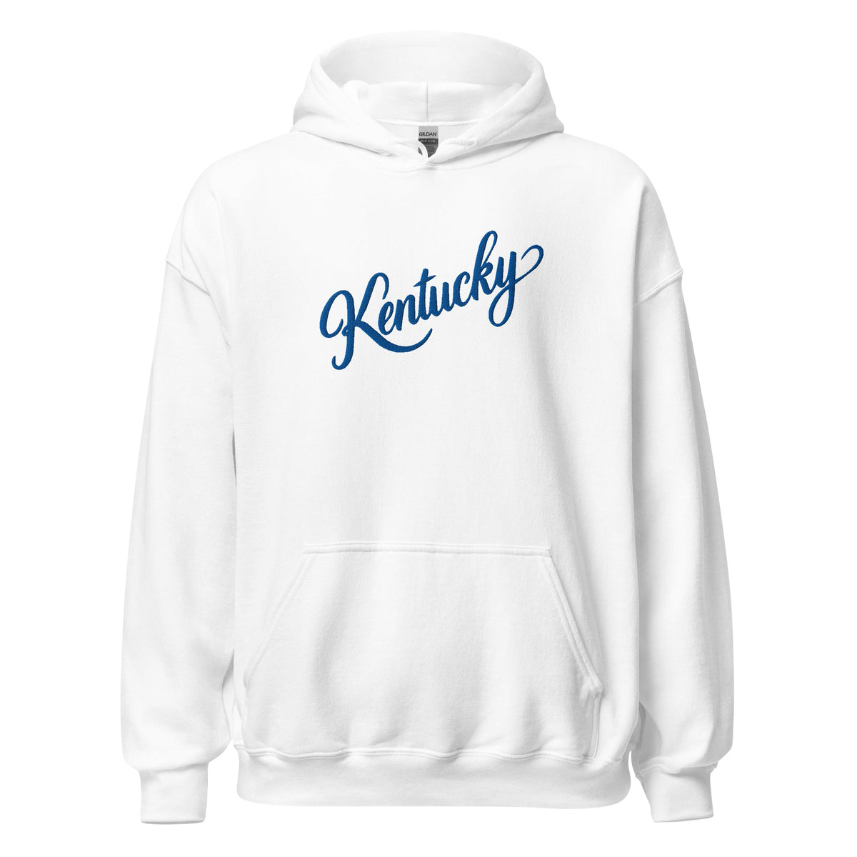 Bluegrass Elite Apparel LLC white pullover hoodie featuring a blue Kentucky script graphic on the chest.