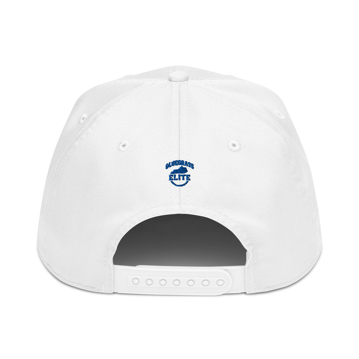 Bluegrass Elite Apparel LLC white 5-panel cap featuring a blue embroidered logo on the back with an adjustable snapback