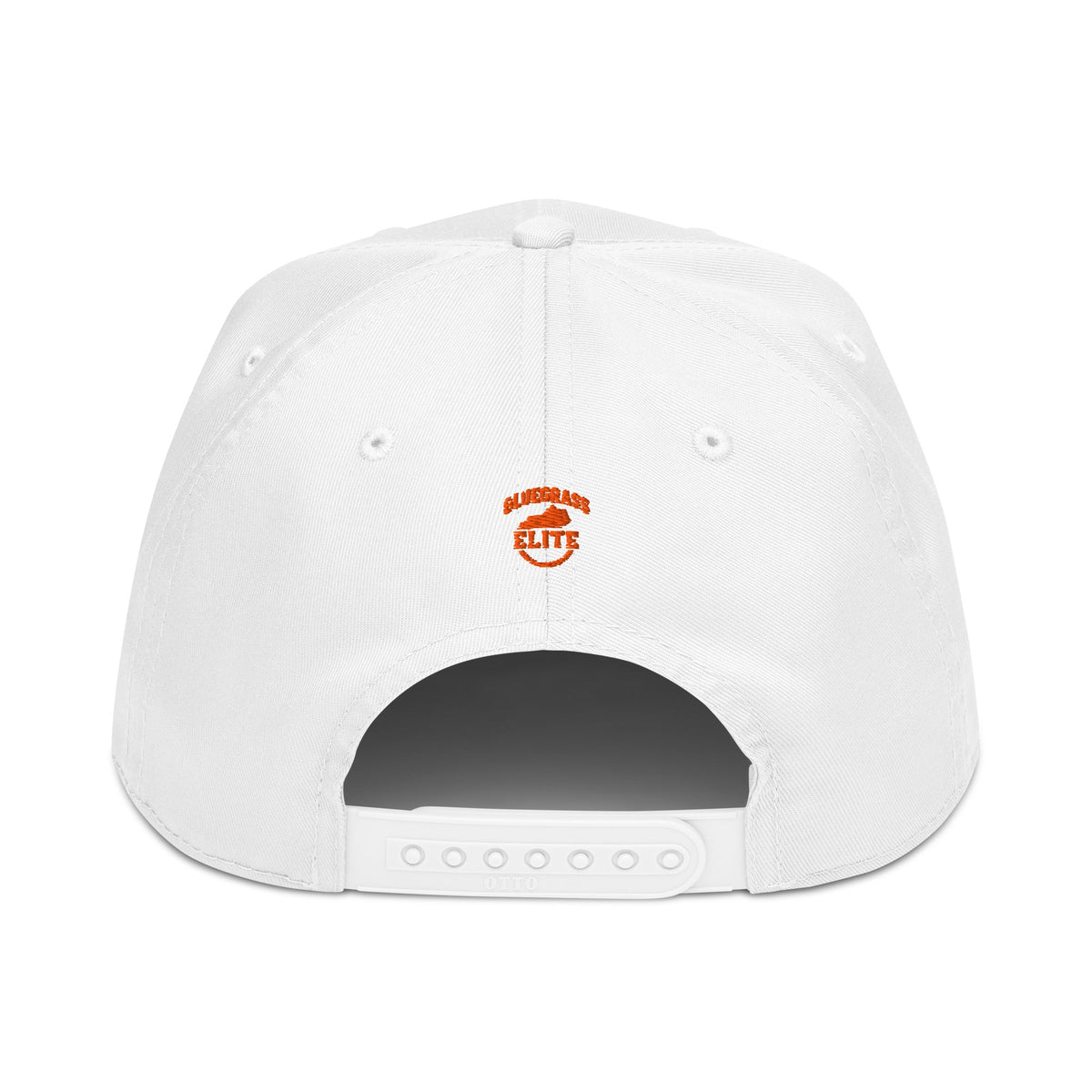 Back view of a white Bluegrass Elite Apparel LLC 5-panel cap with an adjustable snap closure and orange logo detail.