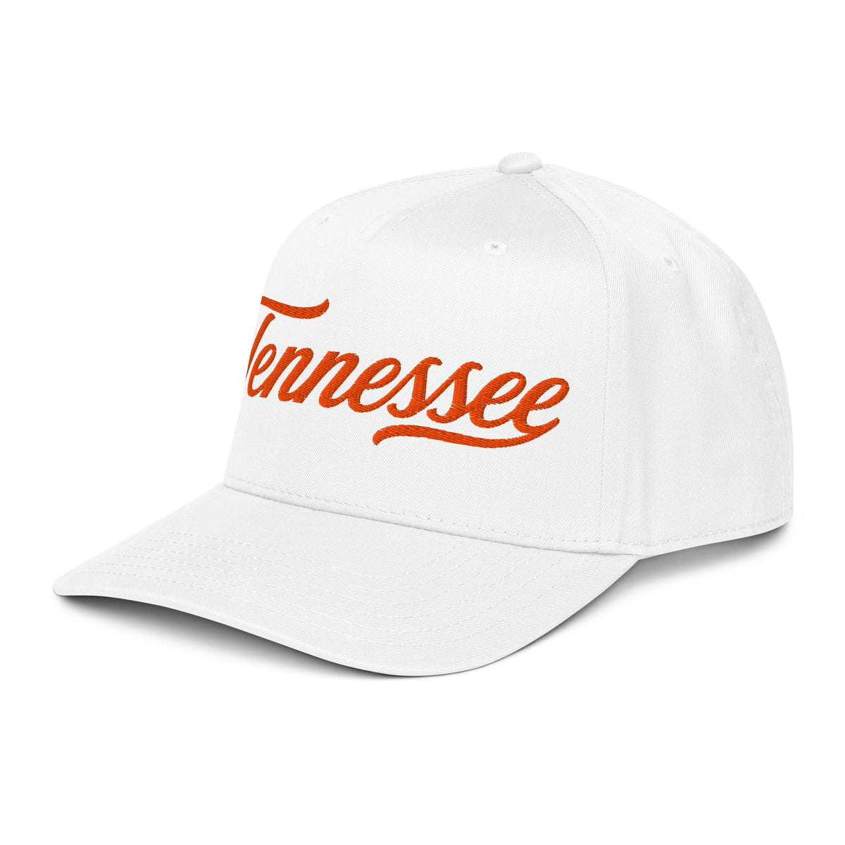 Bluegrass Elite Apparel LLC white 5-panel cap with orange Tennessee script embroidery and a structured mid-profile fit.