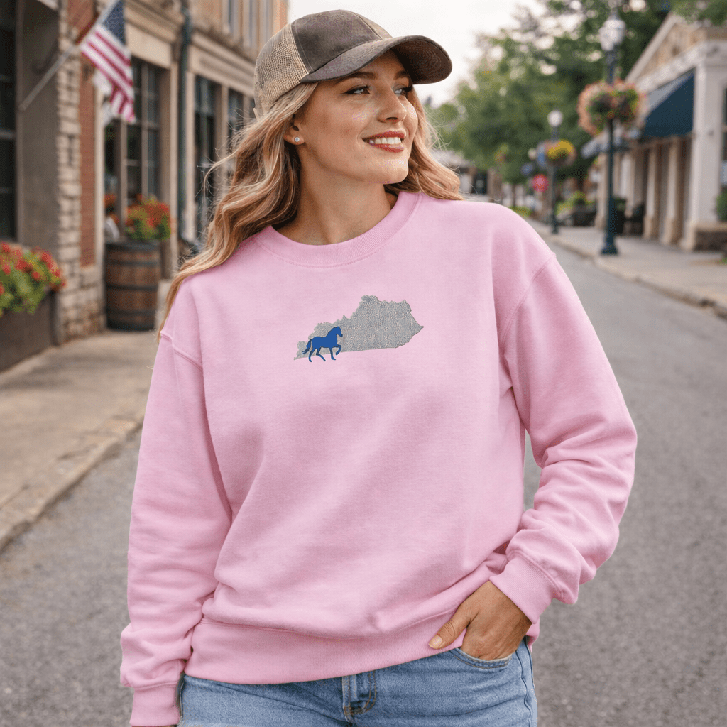 Bluegrass Outline Sweatshirt | Embroidered Horse & Kentucky Silhouette - Bluegrass Elite Apparel LLC