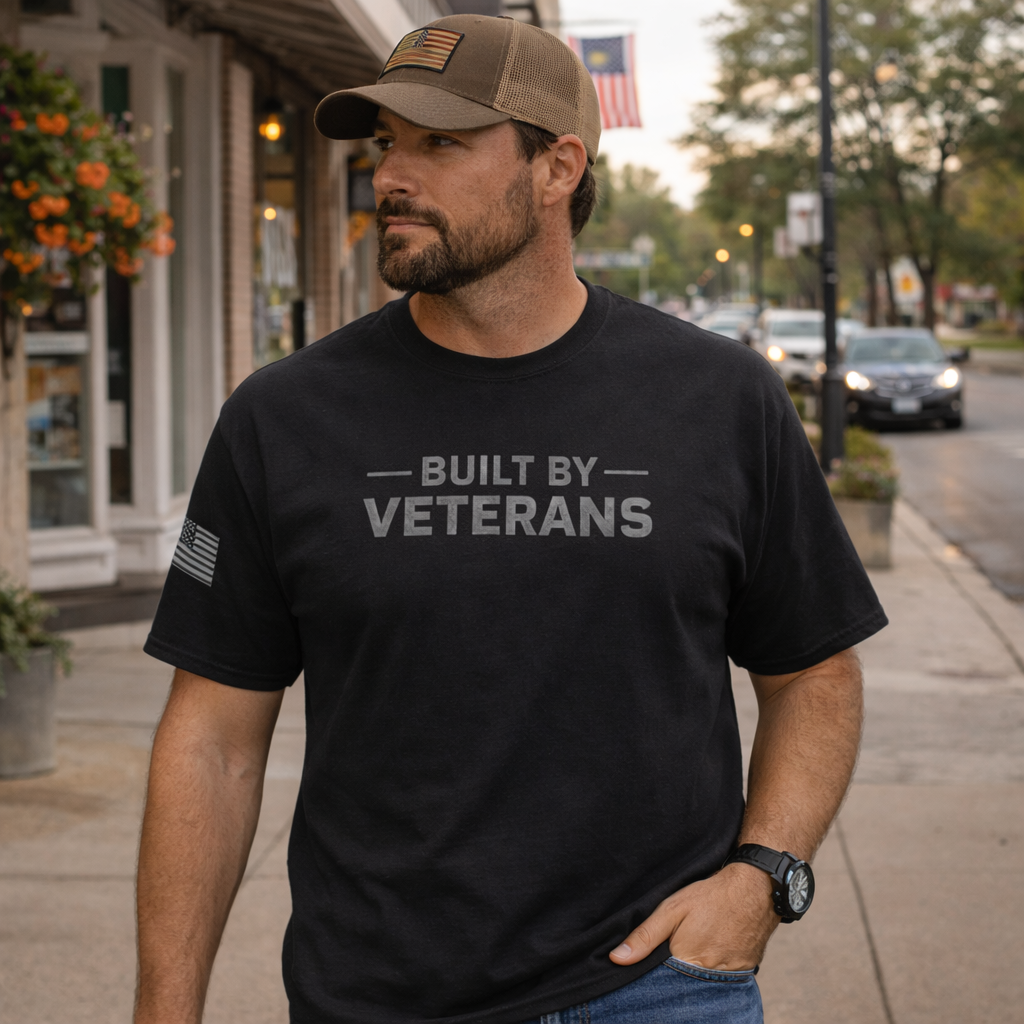 Built By Veterans T-Shirt | Flag Sleeve | Garment-Dyed Cotton