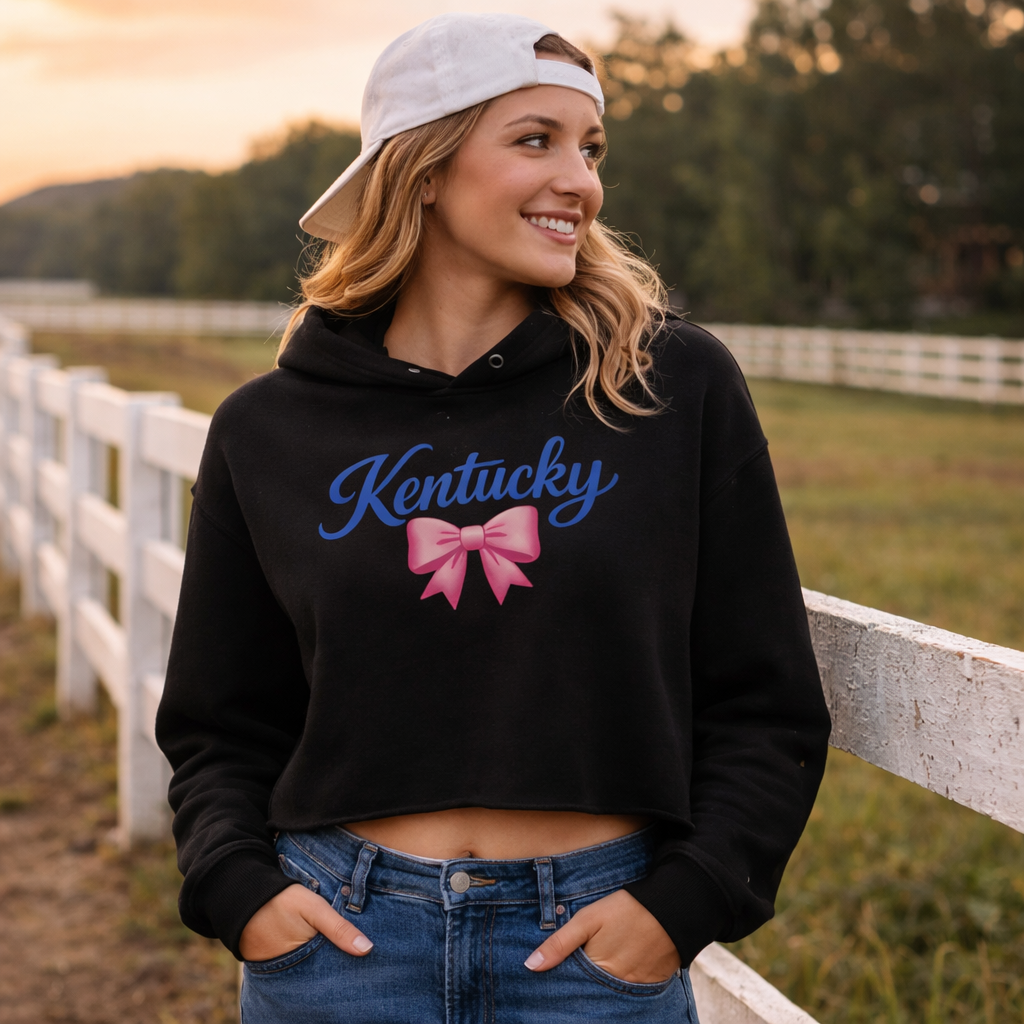 Kentucky Bow Crop Hoodie | Pink Bow + Blue Script | Fleece
