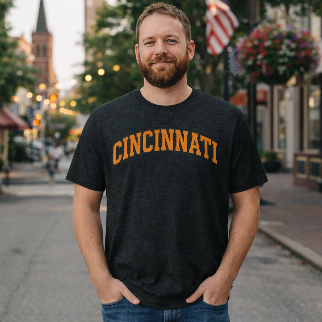Cincinnati Football Shirt | Arched Orange Text Design | Elite Tri-Blend