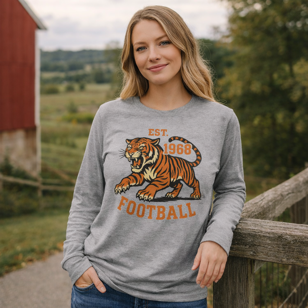 Retro Tiger Football Long Sleeve T-Shirt | Est. 1968 Vintage Style | Classic Airlume Cotton