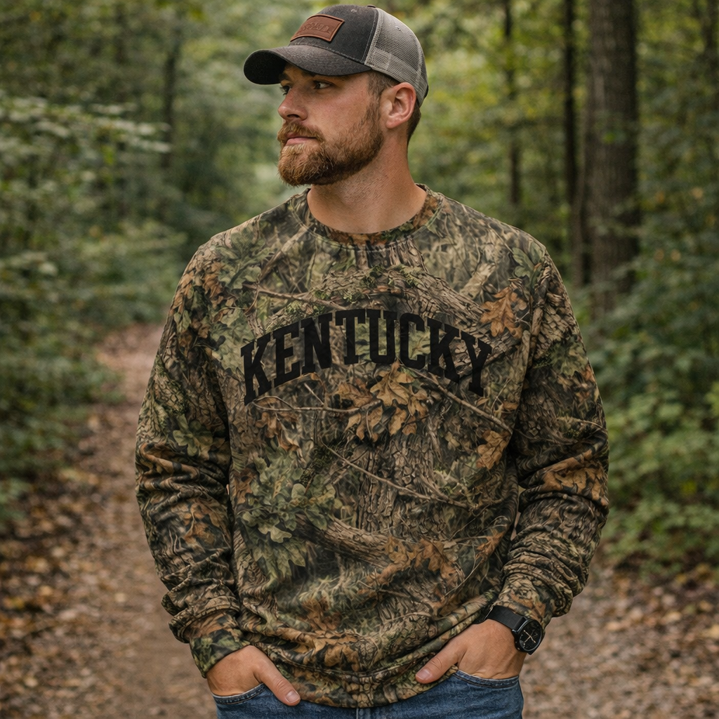 Kentucky Camo Sweatshirt | Mossy Oak All-Over Print with Black Block Text | Unisex Cotton