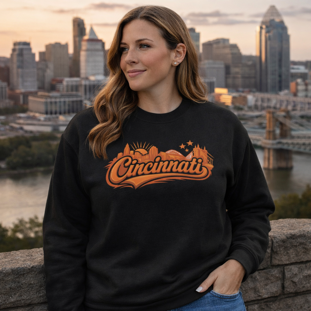 Cincinnati Crew Neck Sweatshirt | Retro Skyline Design | Unisex Fleece