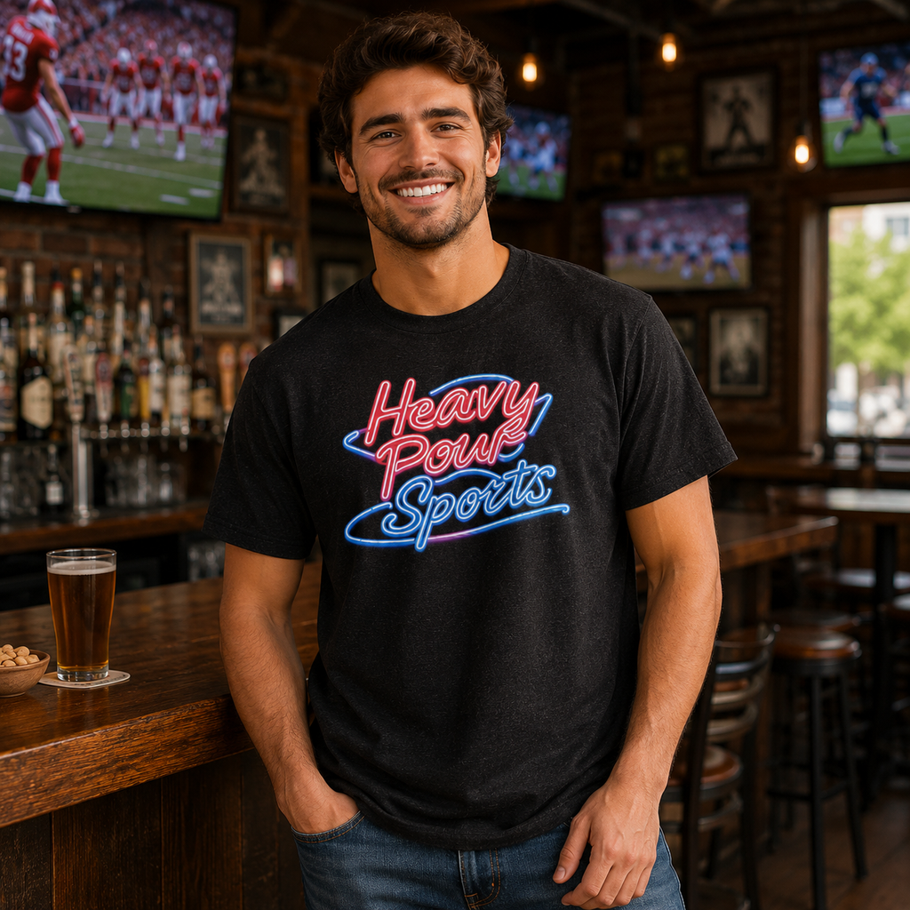 Heavy Pour Sports T-Shirt | Neon Bar Script | Classic Cotton