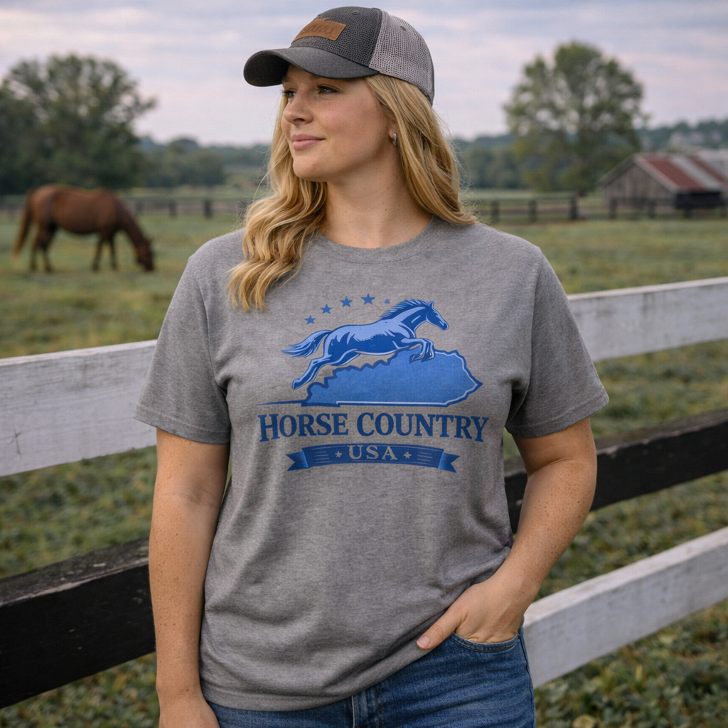 Horse Country USA T-Shirt | Blue Horse & Kentucky Outline | Elite Tri-Blend