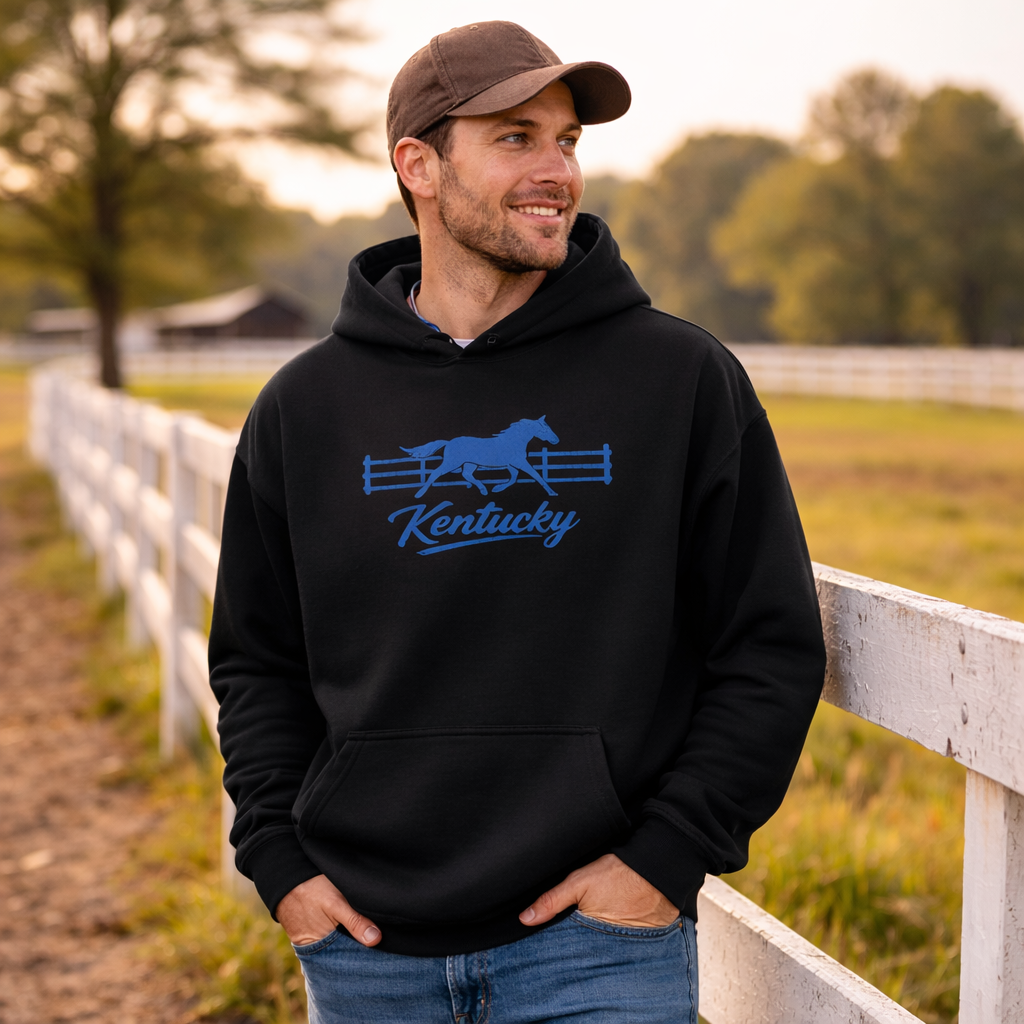 Kentucky Gallop Hoodie | Embroidered Blue Horse & Fence Design