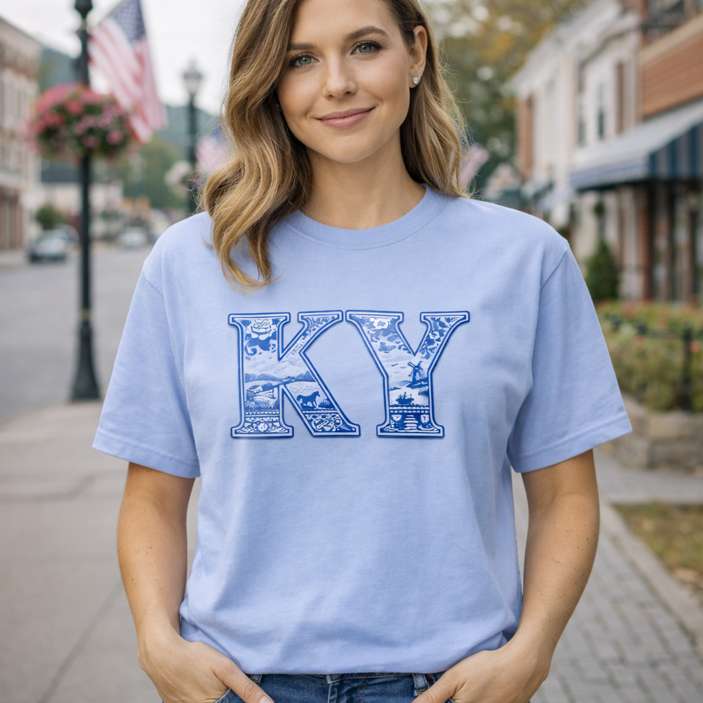 Kentucky Blue Porcelain Script Tee | Vintage China Pattern Design | Classic