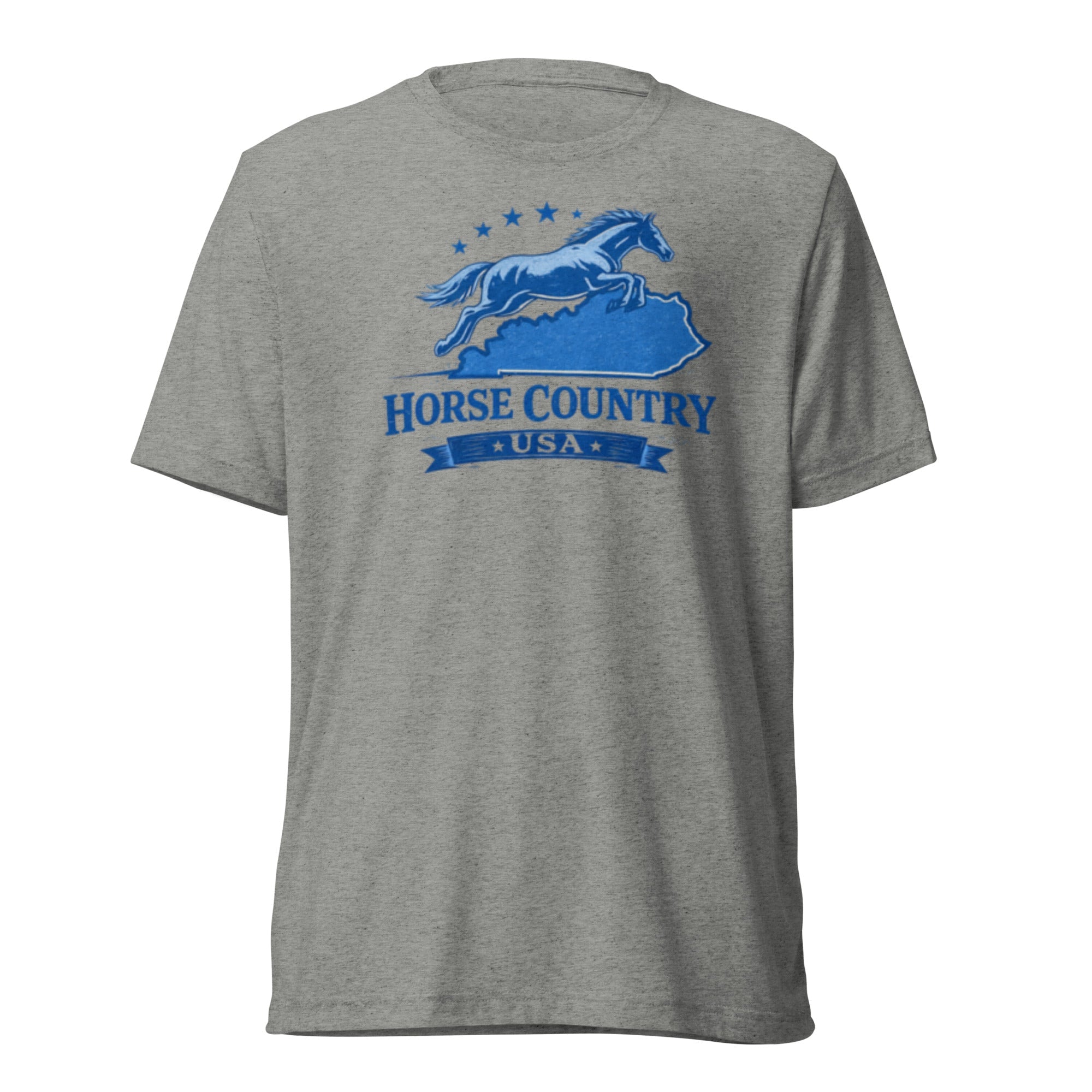 Horse Country USA T-Shirt | Blue Horse & Kentucky Outline | Elite Tri - Blend - Bluegrass Elite Apparel LLC