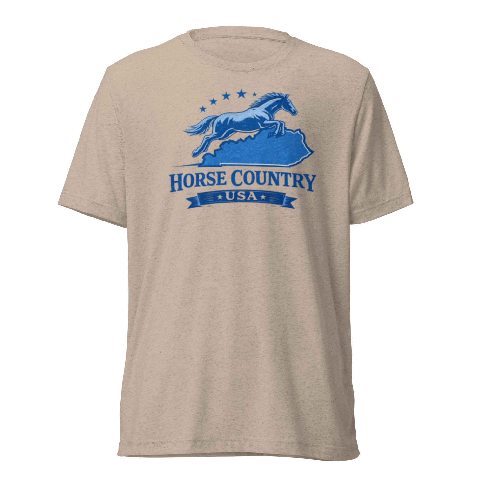 Horse Country USA T-Shirt | Blue Horse & Kentucky Outline | Elite Tri - Blend - Bluegrass Elite Apparel LLC