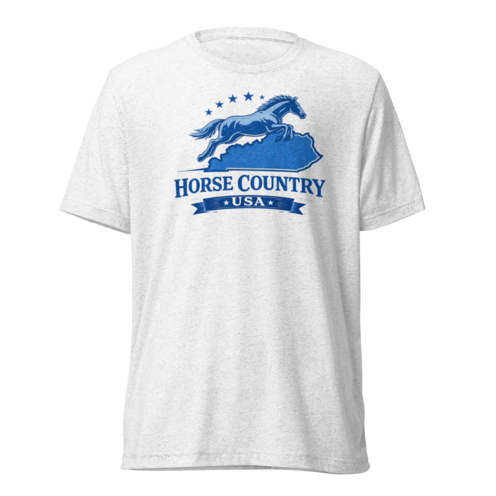Horse Country USA T-Shirt | Blue Horse & Kentucky Outline | Elite Tri - Blend - Bluegrass Elite Apparel LLC