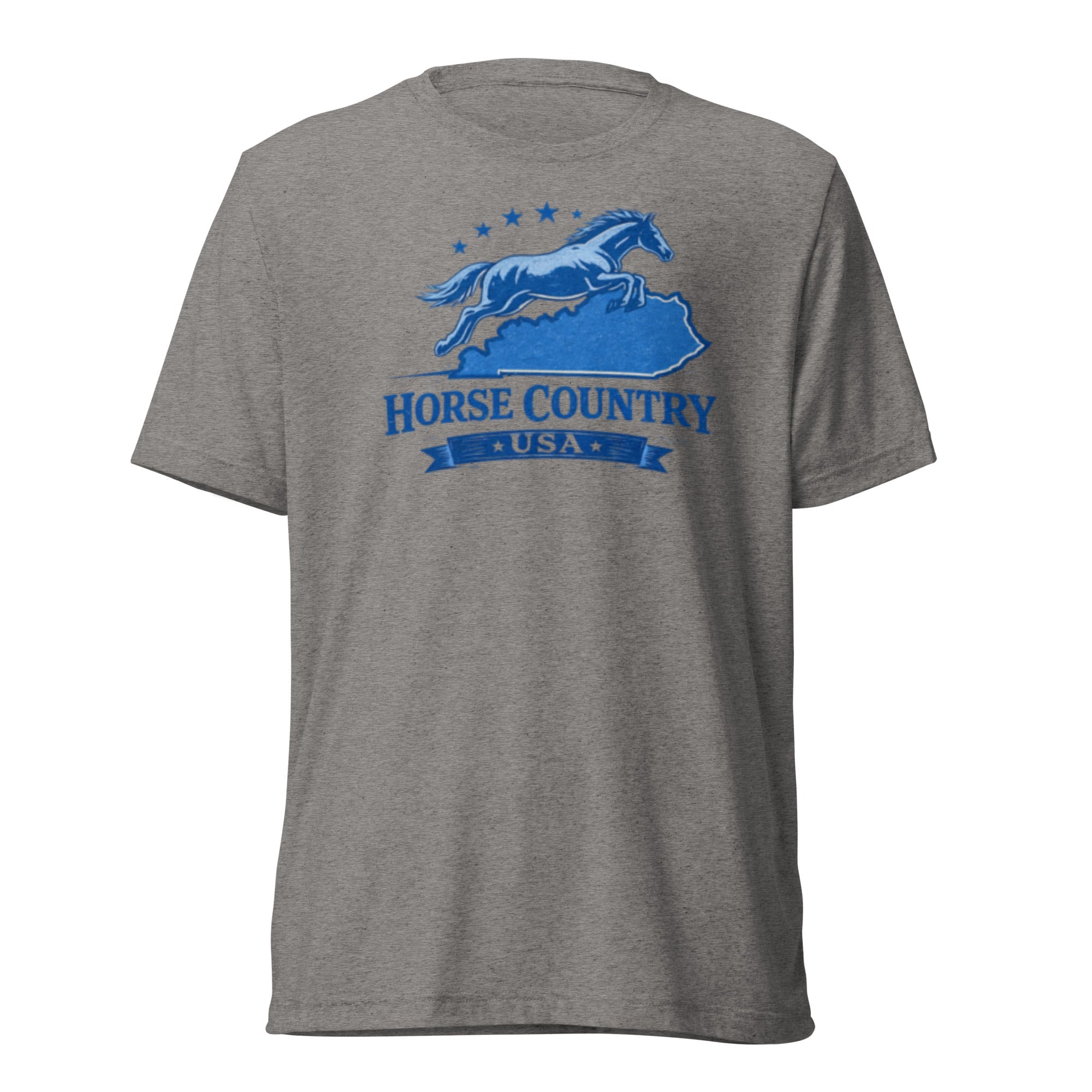 Horse Country USA T-Shirt | Blue Horse & Kentucky Outline | Elite Tri - Blend - Bluegrass Elite Apparel LLC