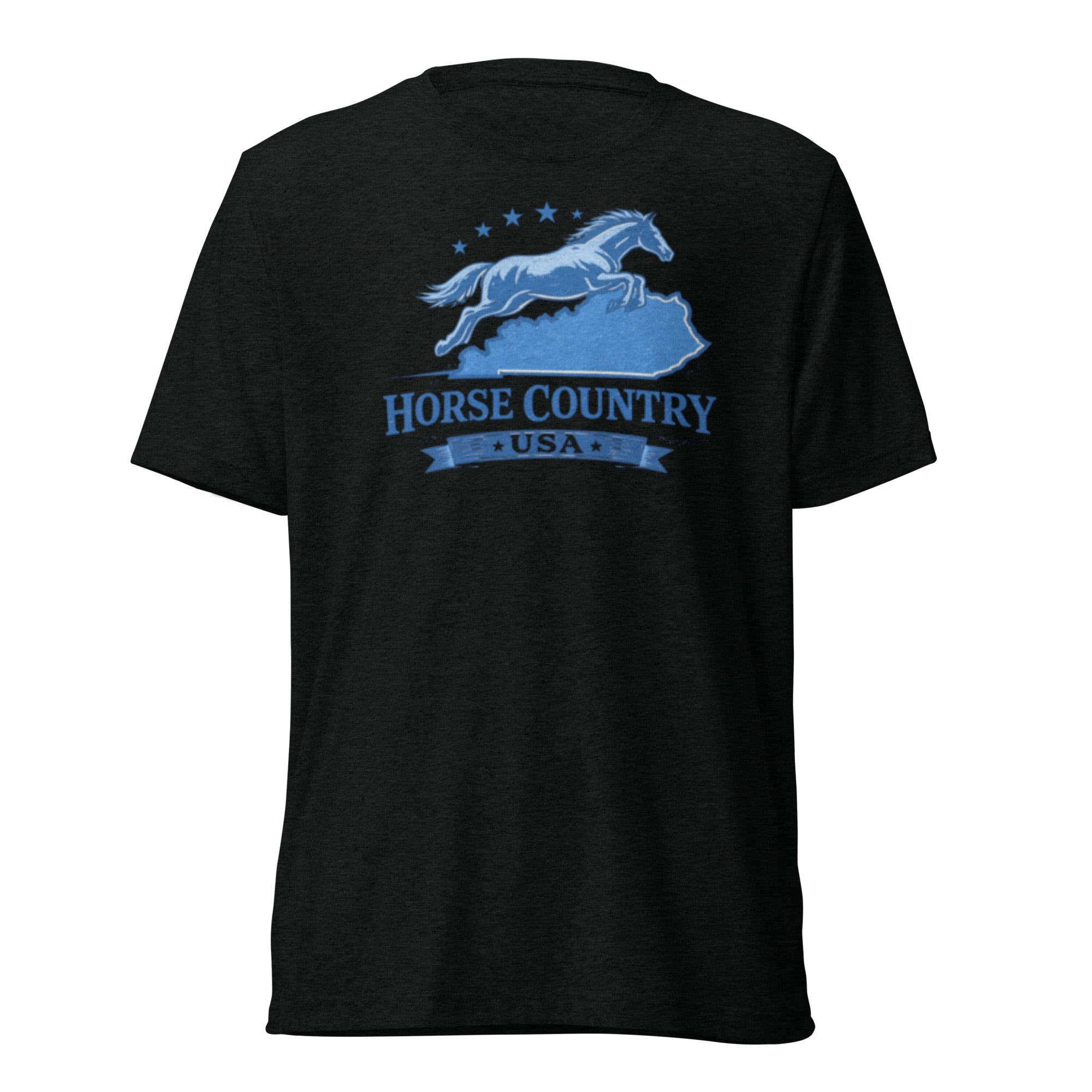Horse Country USA T-Shirt | Blue Horse & Kentucky Outline | Elite Tri - Blend - Bluegrass Elite Apparel LLC