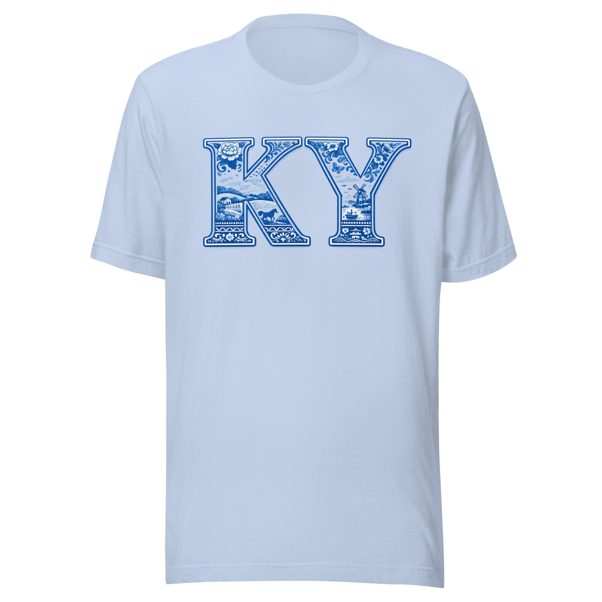 Kentucky Blue Porcelain Script Tee | Vintage China Pattern Design | Classic - Bluegrass Elite Apparel LLC