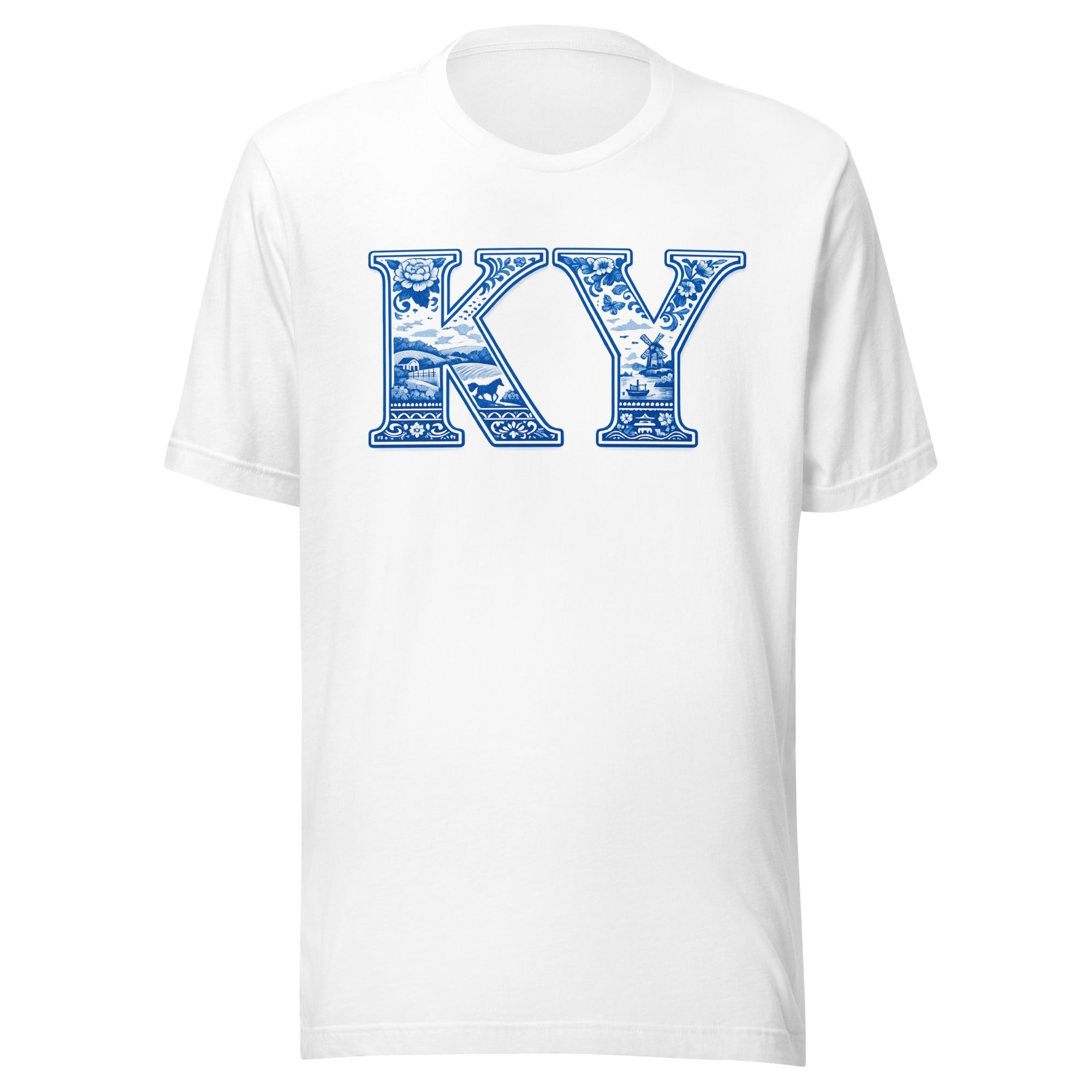 Kentucky Blue Porcelain Script Tee | Vintage China Pattern Design | Classic - Bluegrass Elite Apparel LLC