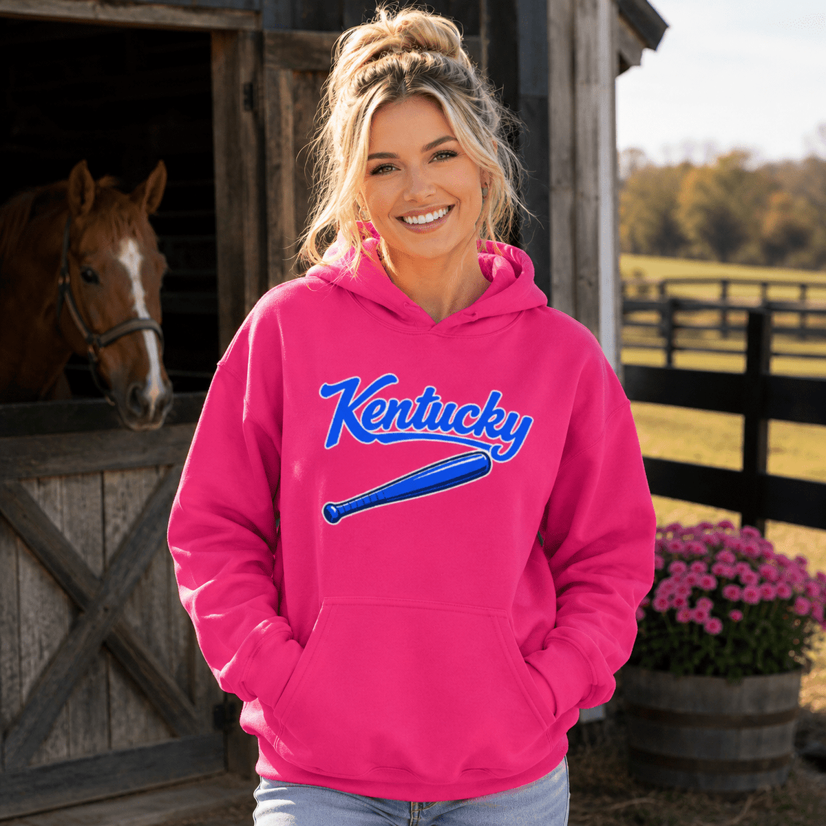 Kentucky Blue Script Ball Hoodie | Vintage Bat Graphic Pullover - Bluegrass Elite Apparel LLC