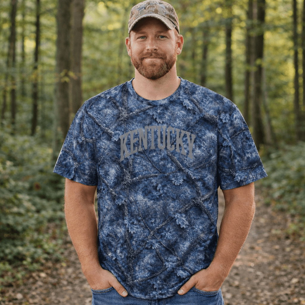 Kentucky Blue Timber Camo Script Performance Tee - Bluegrass Elite Apparel LLC
