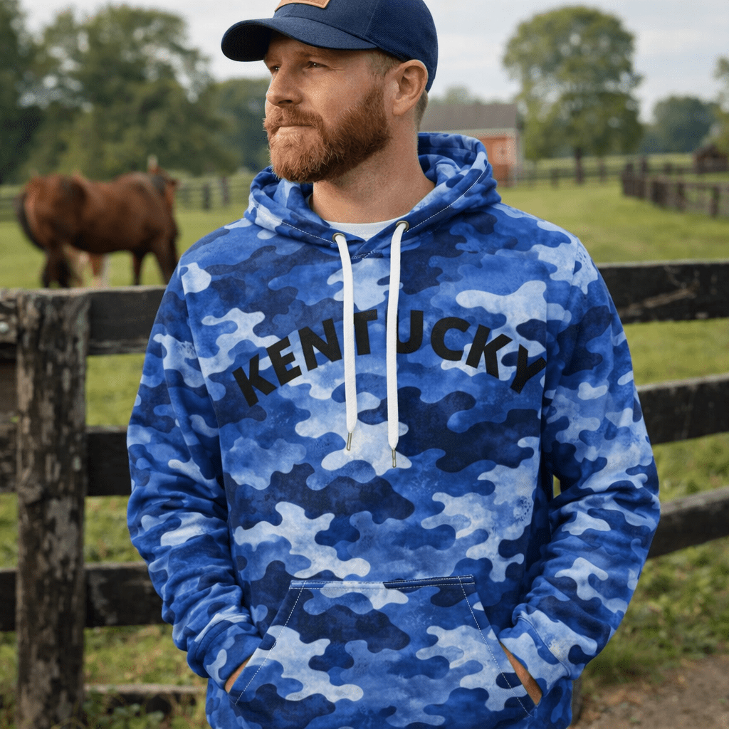Kentucky Camo Hoodie | Blue Camouflage Arch Design | Classic Comfort - Bluegrass Elite Apparel LLC