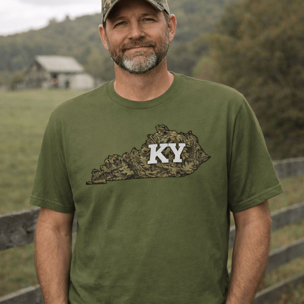 Kentucky Camo State Script Tee | Woodland Heritage Design | Classic Airlume - Bluegrass Elite Apparel LLC