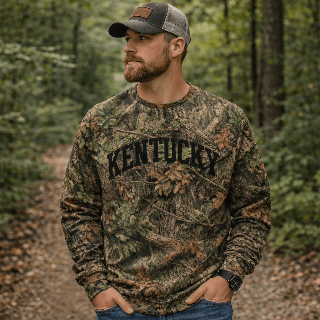 Kentucky Camo Sweatshirt | Mossy Oak All-Over Print with Black Block Text | Unisex Cotton - Bluegrass Elite Apparel LLC