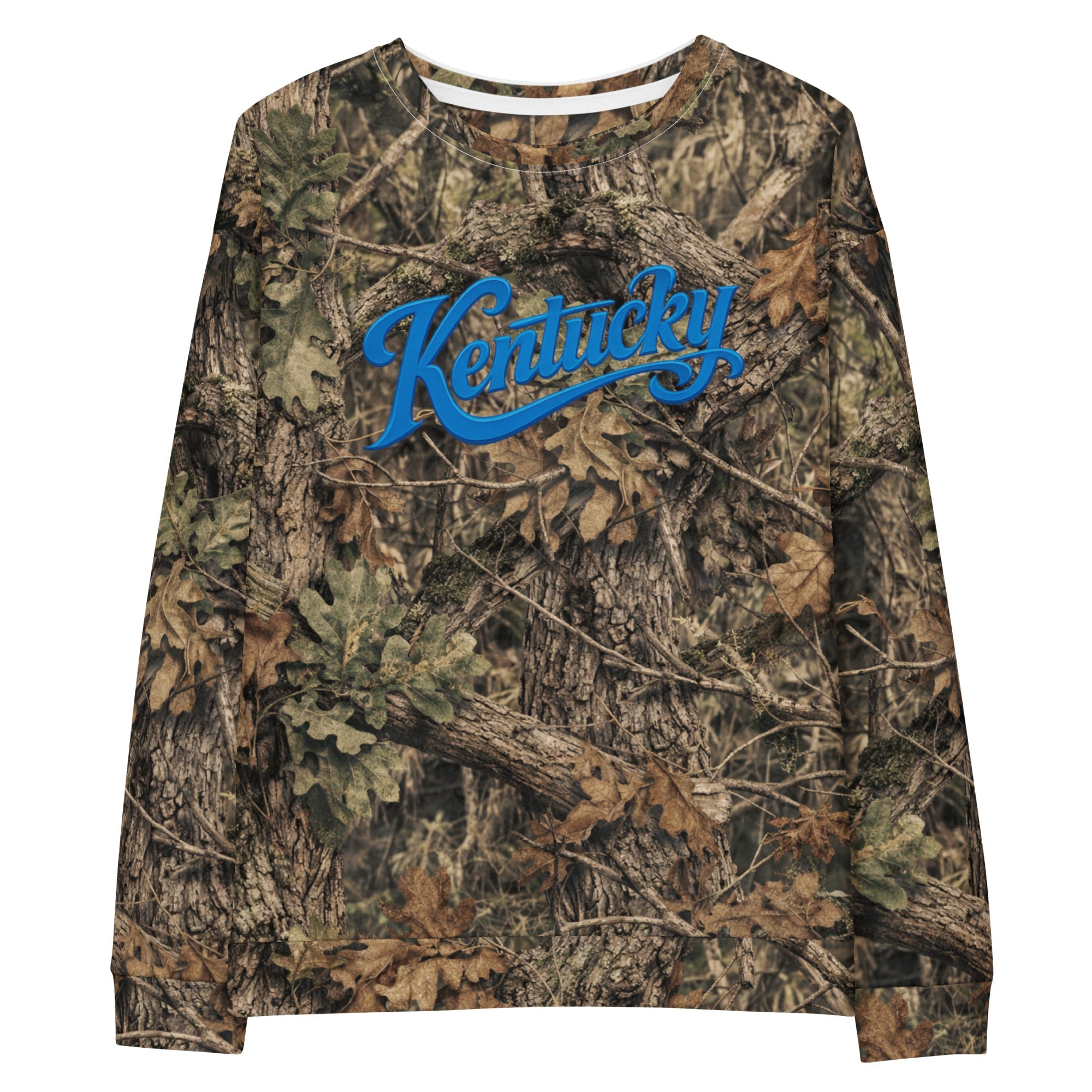 Kentucky Camo Sweatshirt | Mossy Oak All - Over Print with Blue Script | Unisex Cotton - Bluegrass Elite Apparel LLC