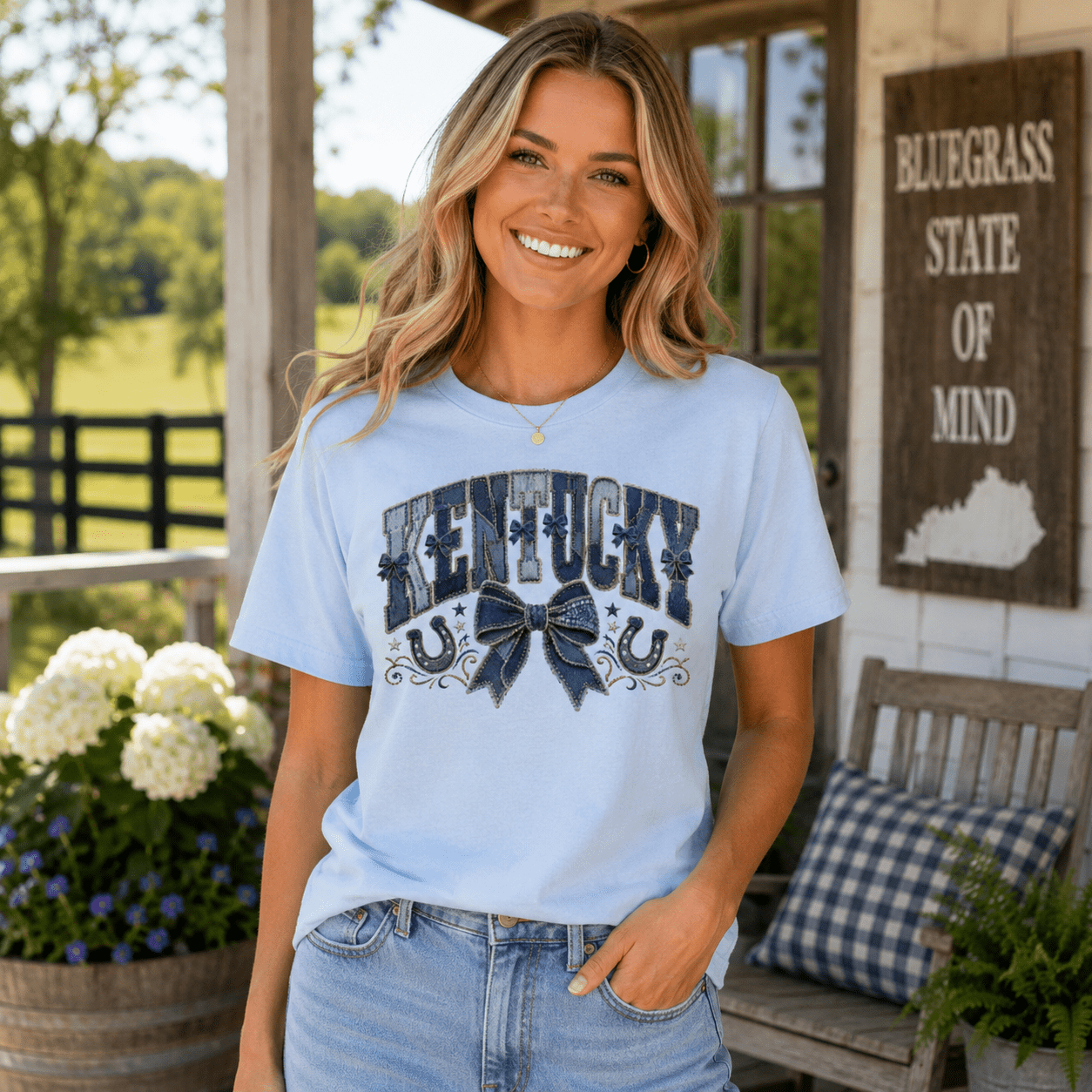 Kentucky Denim Bow Tee | Vintage Patchwork Design | Classic - Bluegrass Elite Apparel LLC