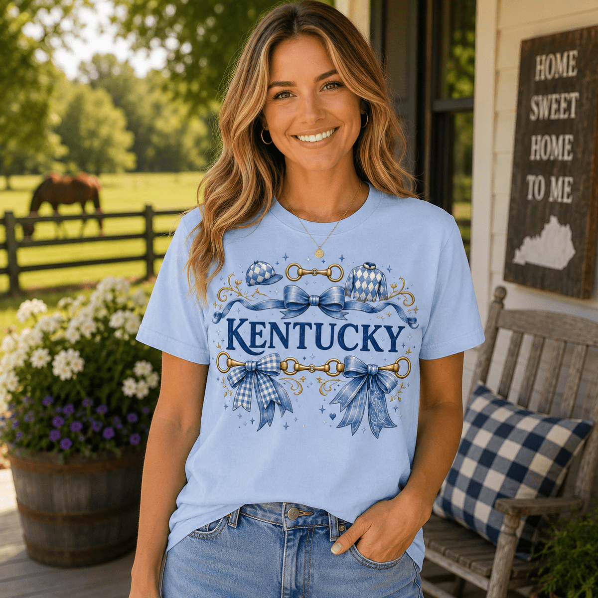 Kentucky Equestrian Ribbon Tee | Bluegrass Bow Design | Classic - Bluegrass Elite Apparel LLC
