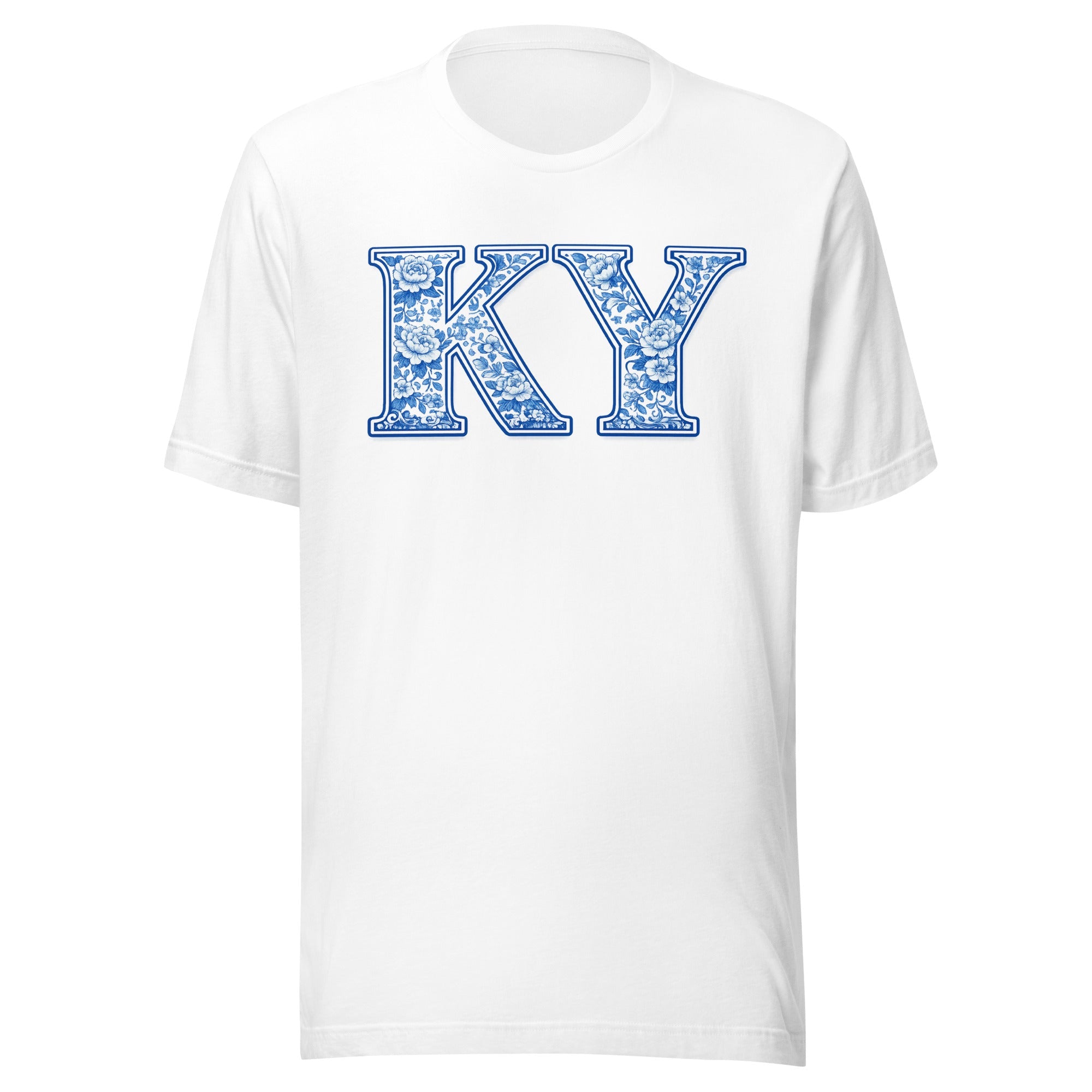 Kentucky Floral Porcelain Letter Tee | Blue China Pattern Design | Classic - Bluegrass Elite Apparel LLC