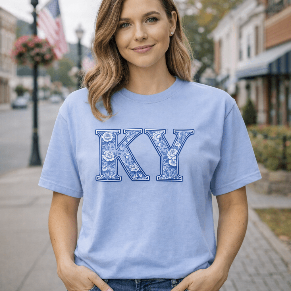 Kentucky Floral Porcelain Letter Tee | Blue China Pattern Design | Classic - Bluegrass Elite Apparel LLC