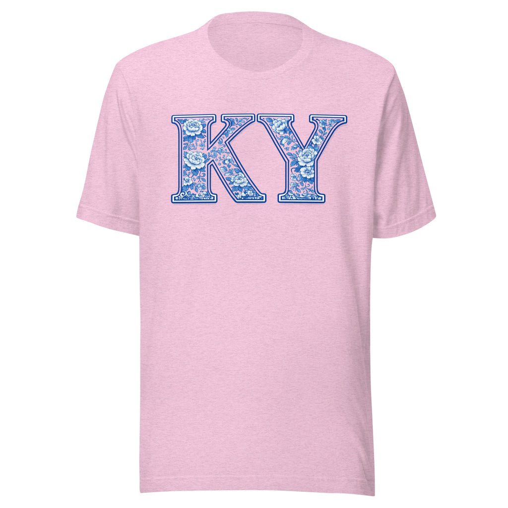 Kentucky Floral Porcelain Letter Tee | Blue China Pattern Design | Classic - Bluegrass Elite Apparel LLC