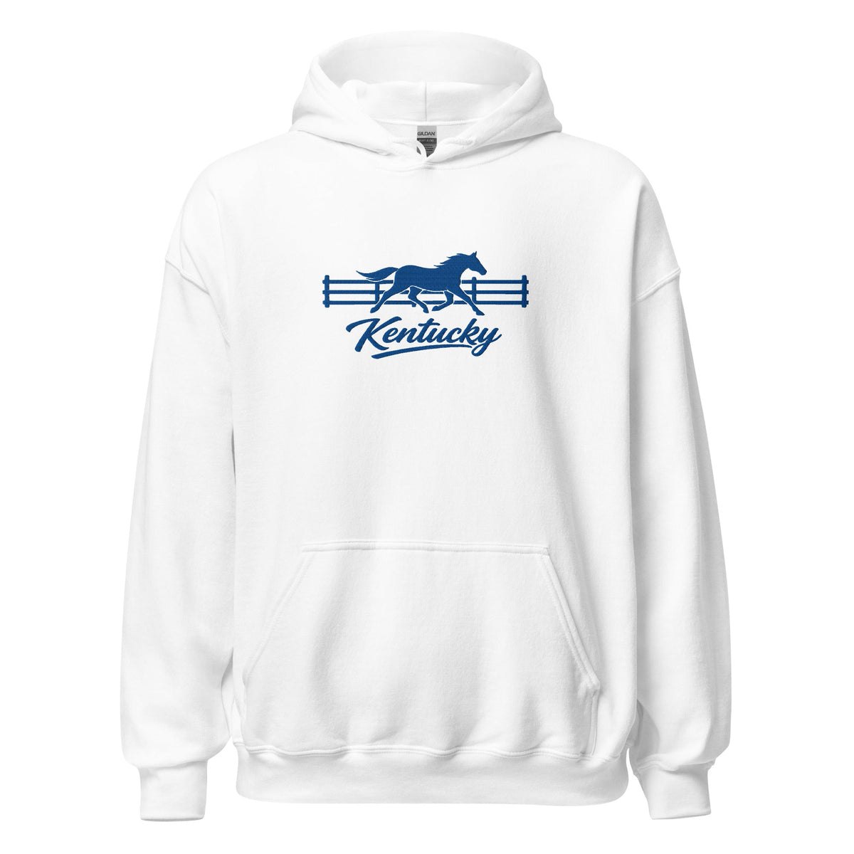 Kentucky Gallop Hoodie | Embroidered Blue Horse & Fence Design - Bluegrass Elite Apparel LLC