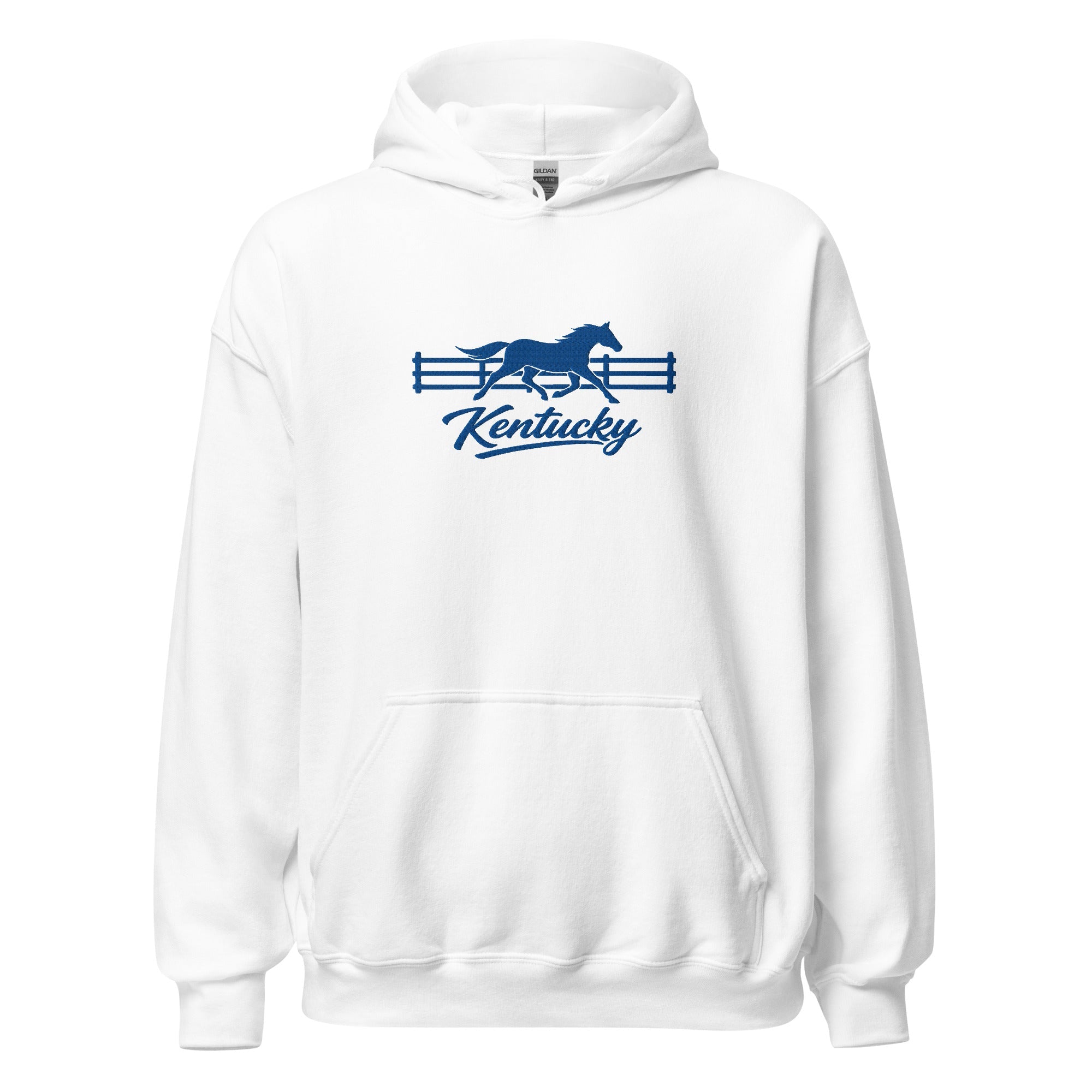Kentucky Gallop Hoodie | Embroidered Blue Horse & Fence Design - Bluegrass Elite Apparel LLC