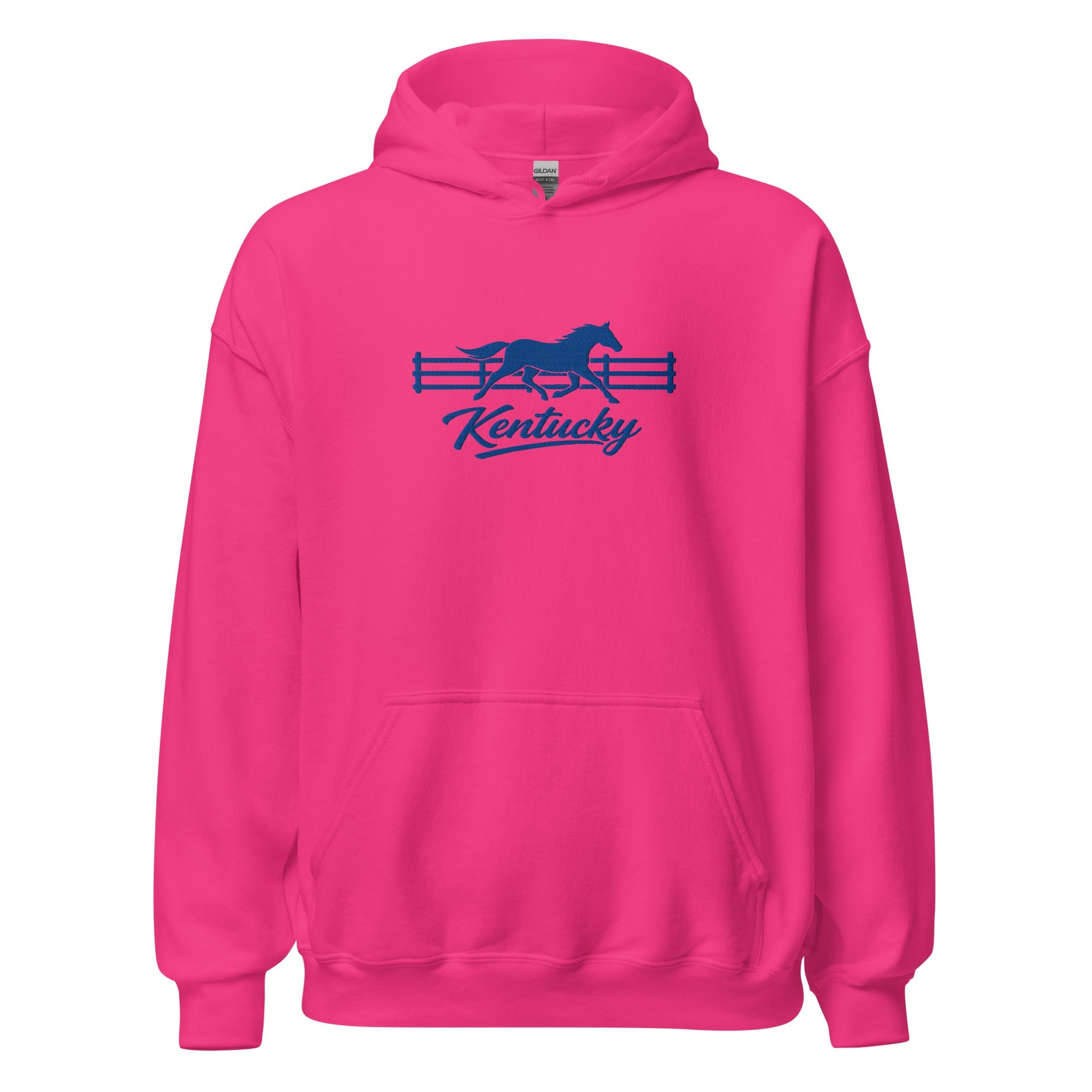 Kentucky Gallop Hoodie | Embroidered Blue Horse & Fence Design - Bluegrass Elite Apparel LLC