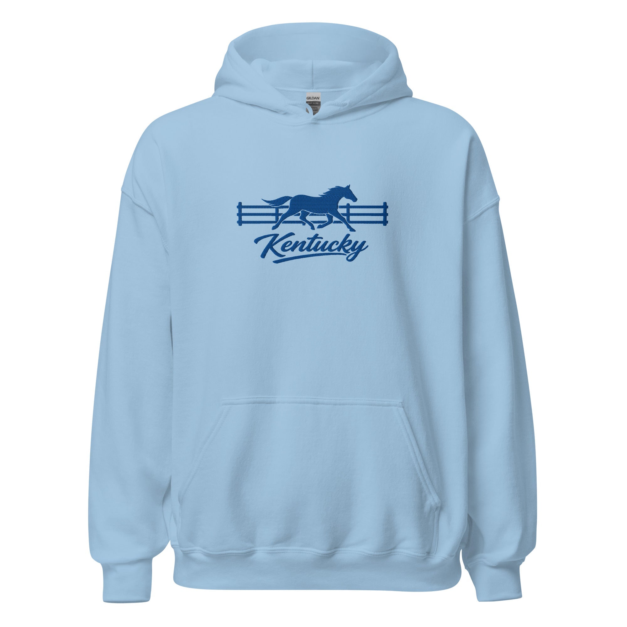 Kentucky Gallop Hoodie | Embroidered Blue Horse & Fence Design - Bluegrass Elite Apparel LLC