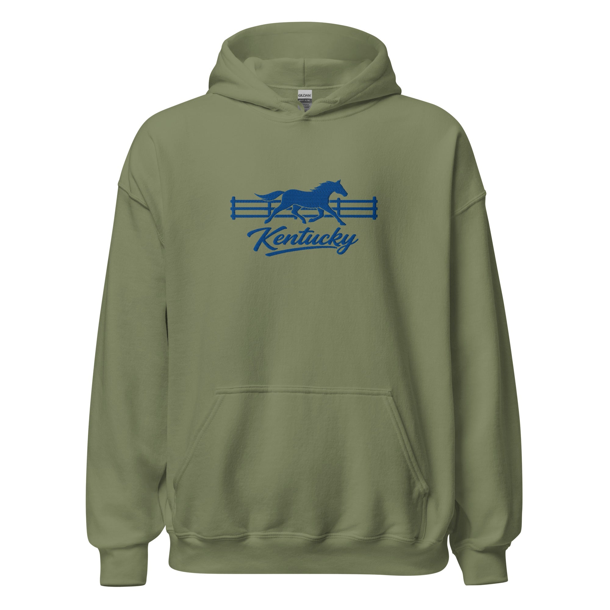 Kentucky Gallop Hoodie | Embroidered Blue Horse & Fence Design - Bluegrass Elite Apparel LLC