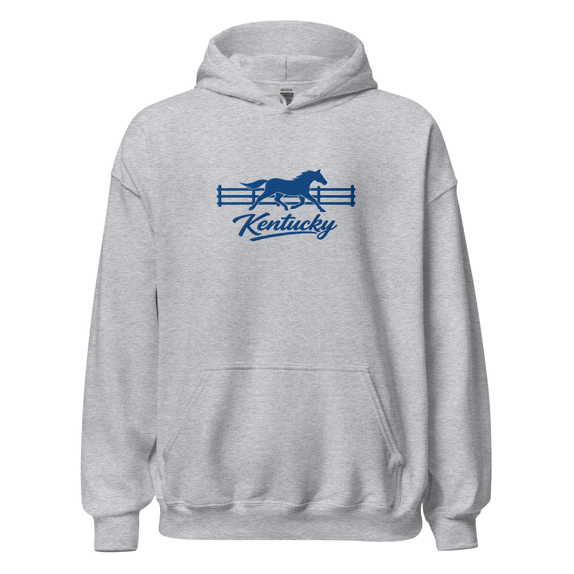 Kentucky Gallop Hoodie | Embroidered Blue Horse & Fence Design - Bluegrass Elite Apparel LLC