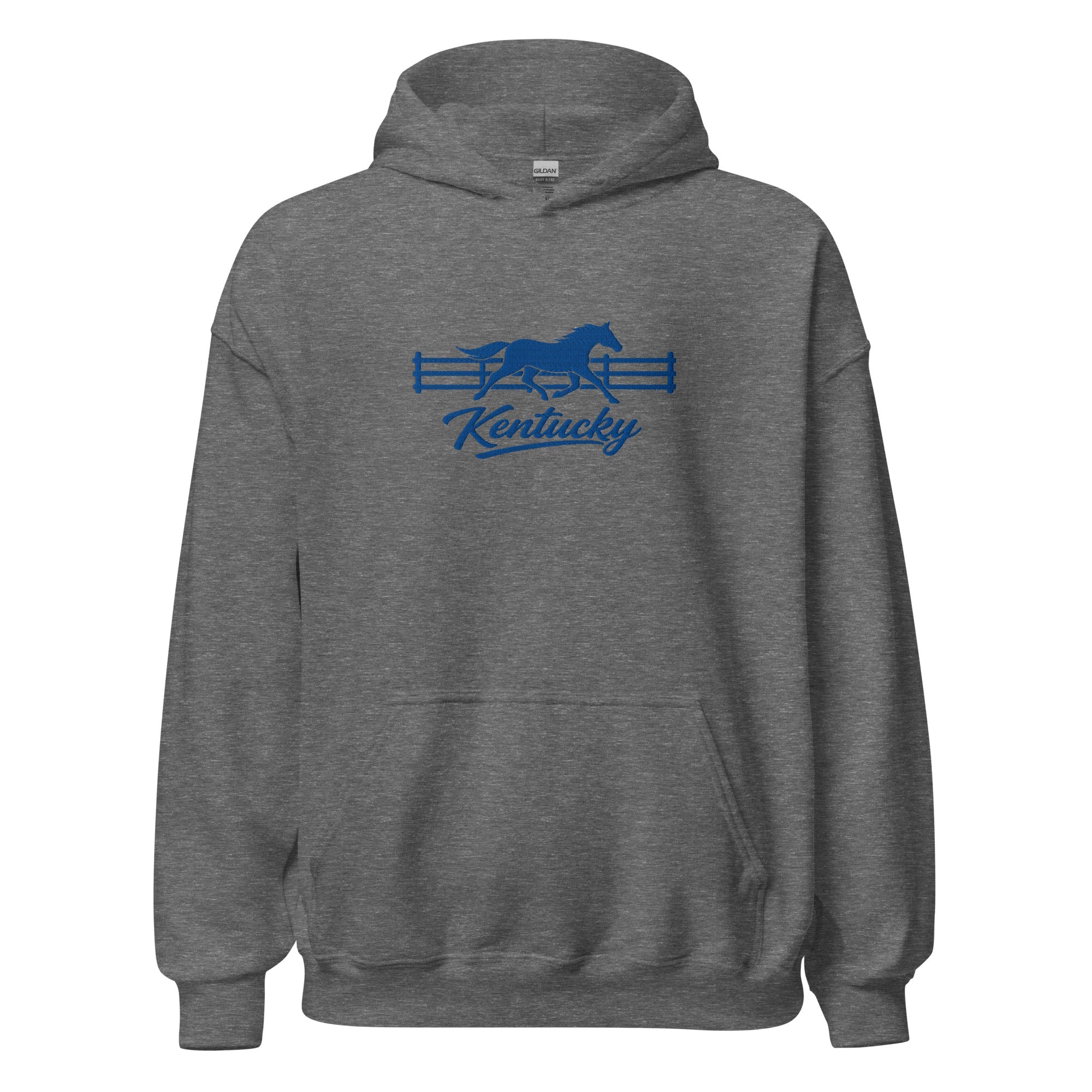Kentucky Gallop Hoodie | Embroidered Blue Horse & Fence Design - Bluegrass Elite Apparel LLC