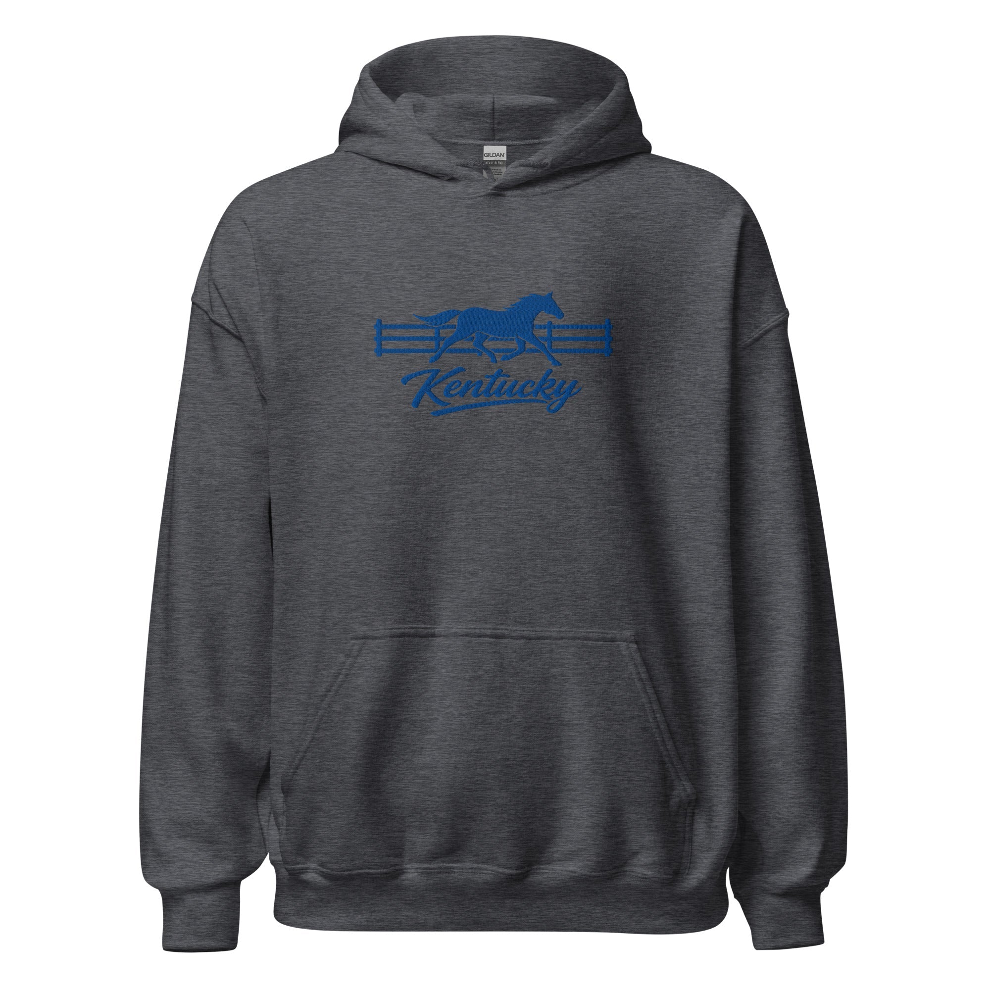 Kentucky Gallop Hoodie | Embroidered Blue Horse & Fence Design - Bluegrass Elite Apparel LLC
