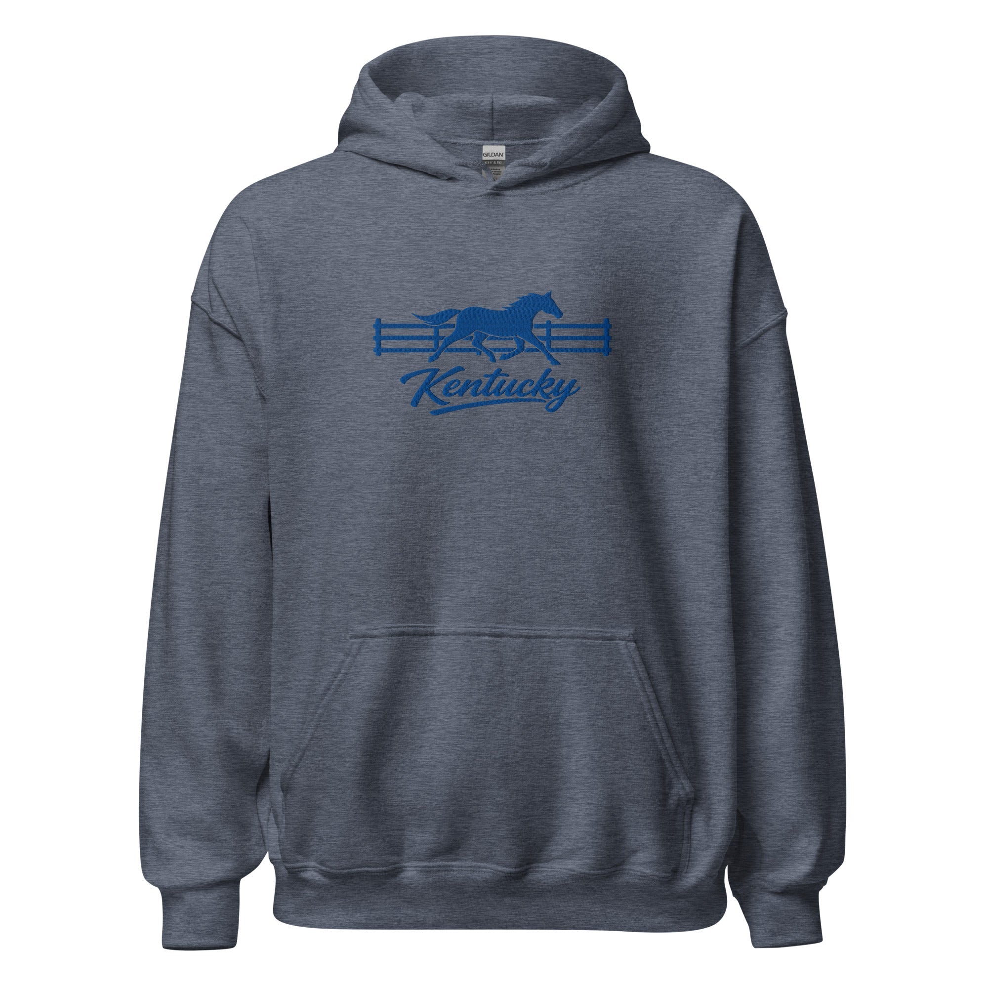 Kentucky Gallop Hoodie | Embroidered Blue Horse & Fence Design - Bluegrass Elite Apparel LLC