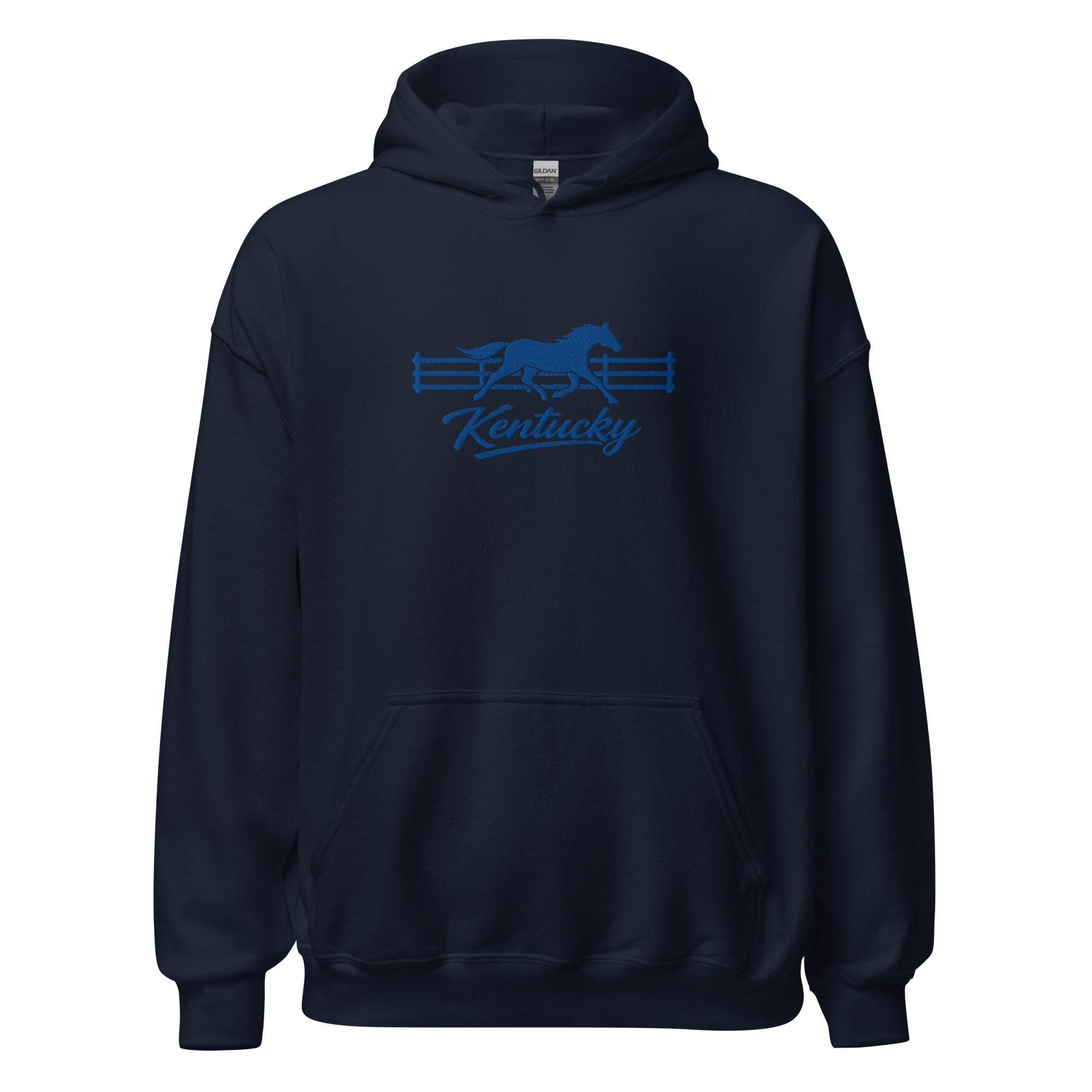 Kentucky Gallop Hoodie | Embroidered Blue Horse & Fence Design - Bluegrass Elite Apparel LLC
