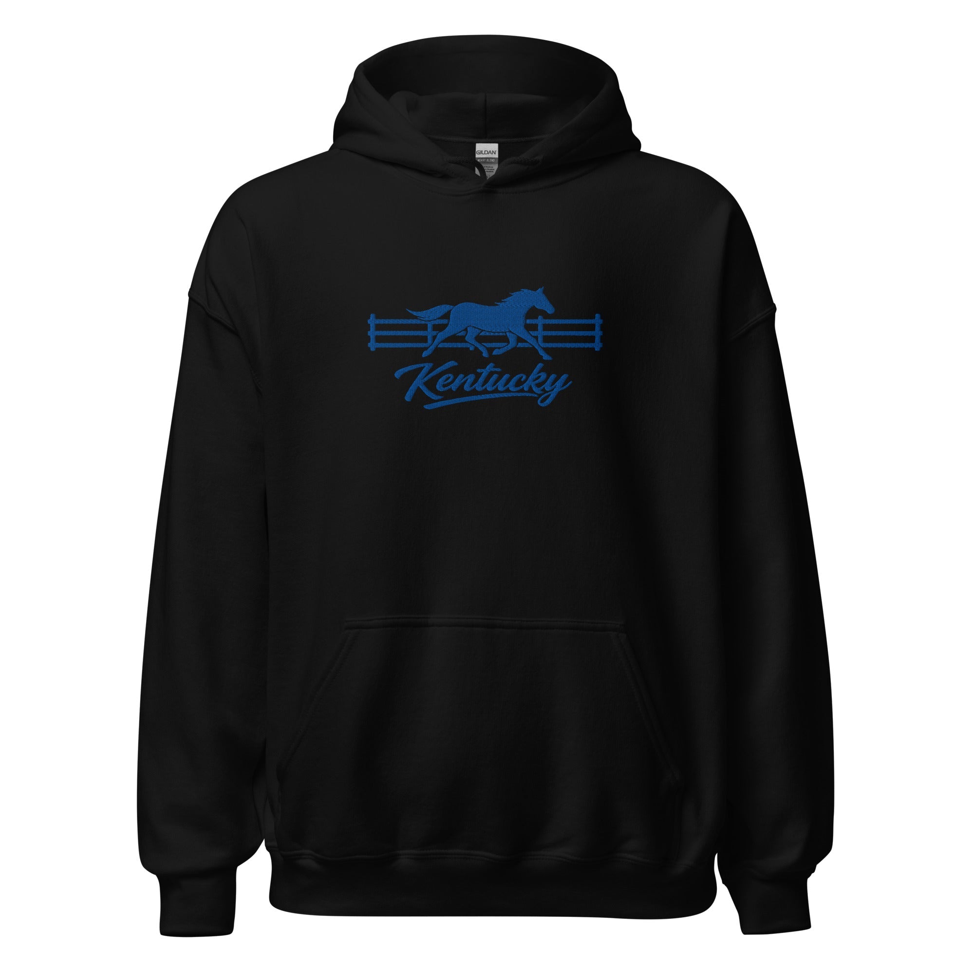 Kentucky Gallop Hoodie | Embroidered Blue Horse & Fence Design - Bluegrass Elite Apparel LLC