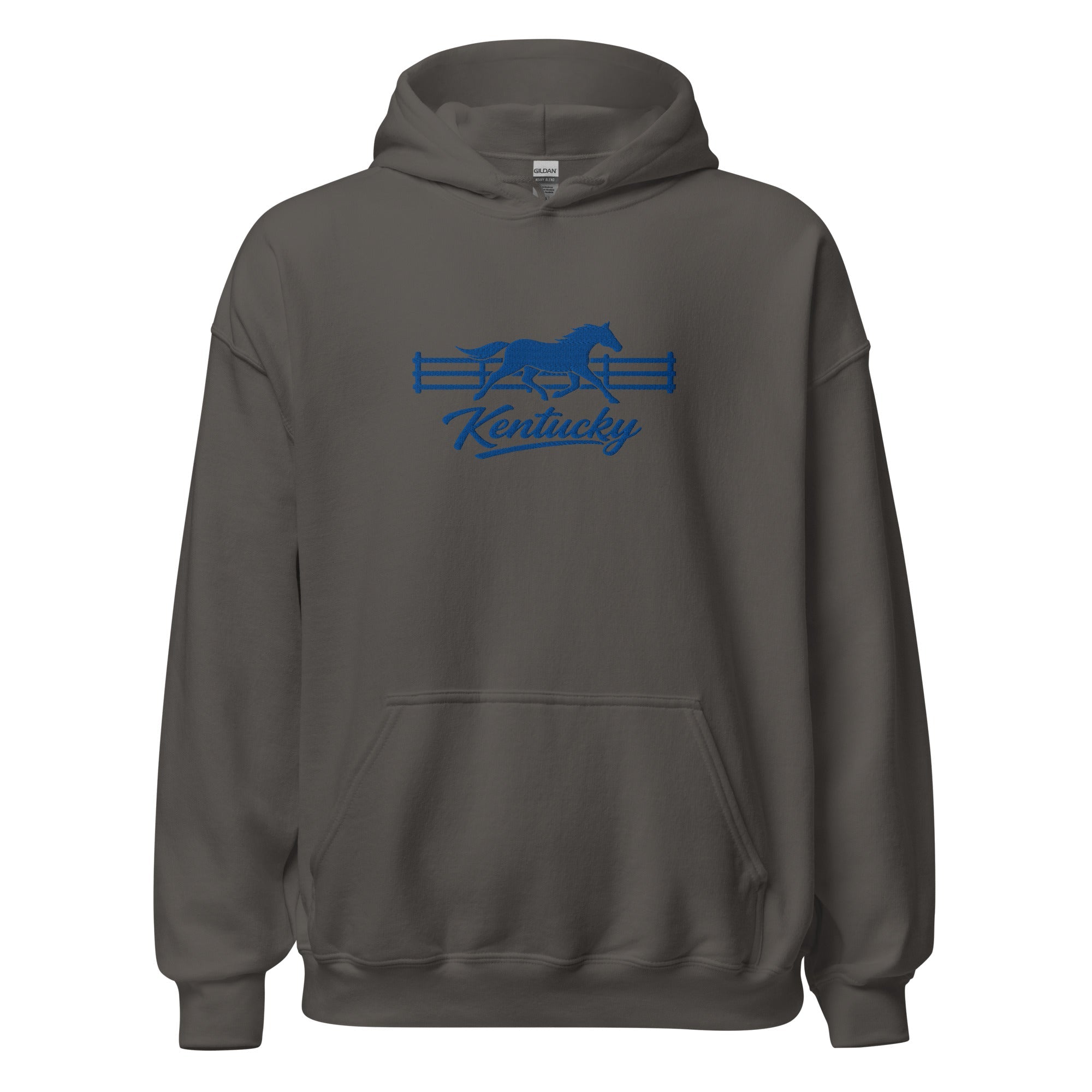 Kentucky Gallop Hoodie | Embroidered Blue Horse & Fence Design - Bluegrass Elite Apparel LLC