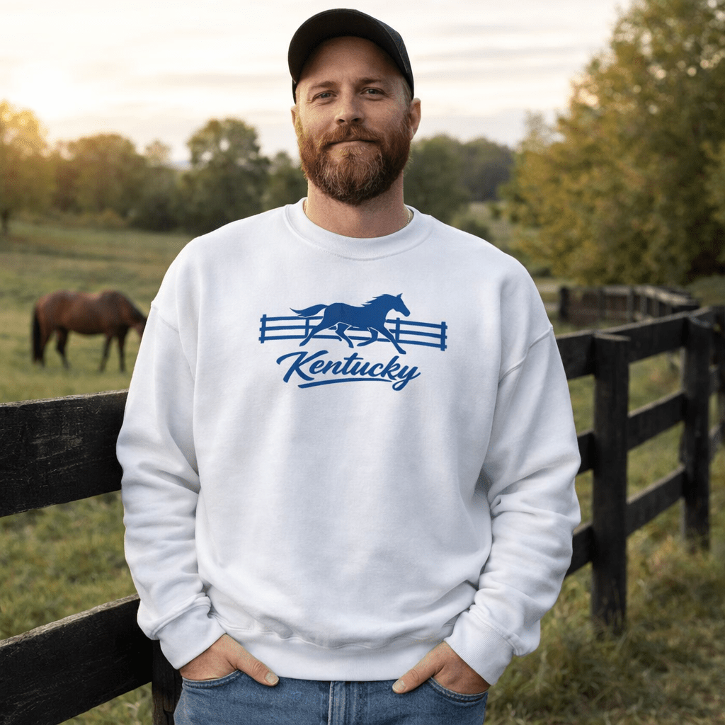 Kentucky Gallop Sweatshirt | Blue Horse & Fence Embroidery - Bluegrass Elite Apparel LLC