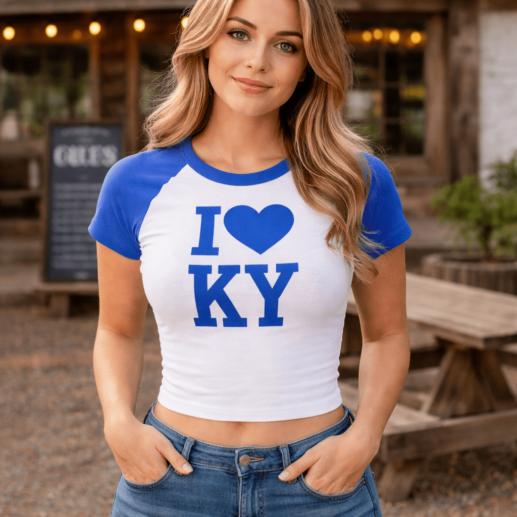 Kentucky Love Script Baby Tee | Blue Graphic Raglan Crop | Classic - Bluegrass Elite Apparel LLC