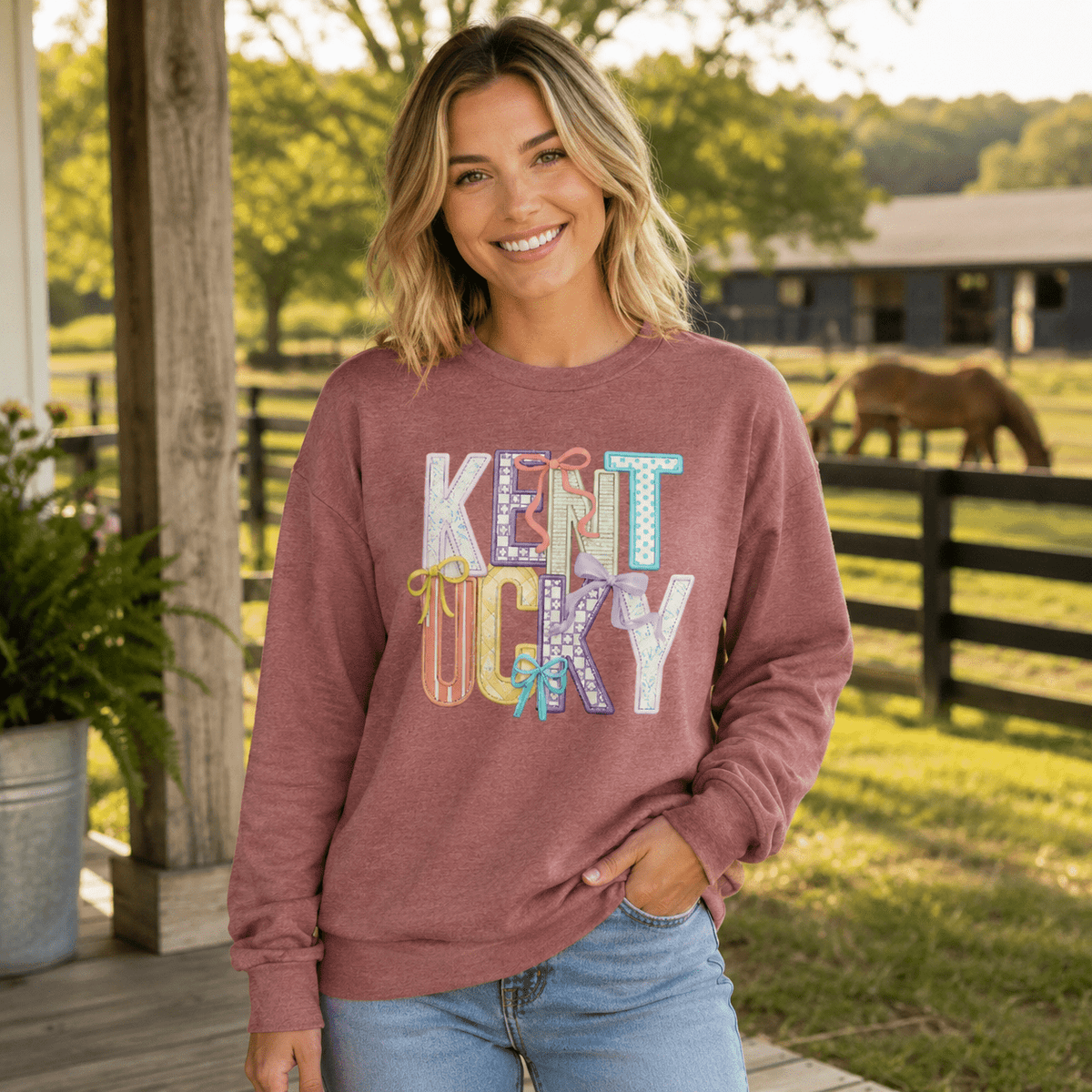 Kentucky Pastel Bow Script Long Sleeve Shirt | Patchwork Coquette Design - Bluegrass Elite Apparel LLC